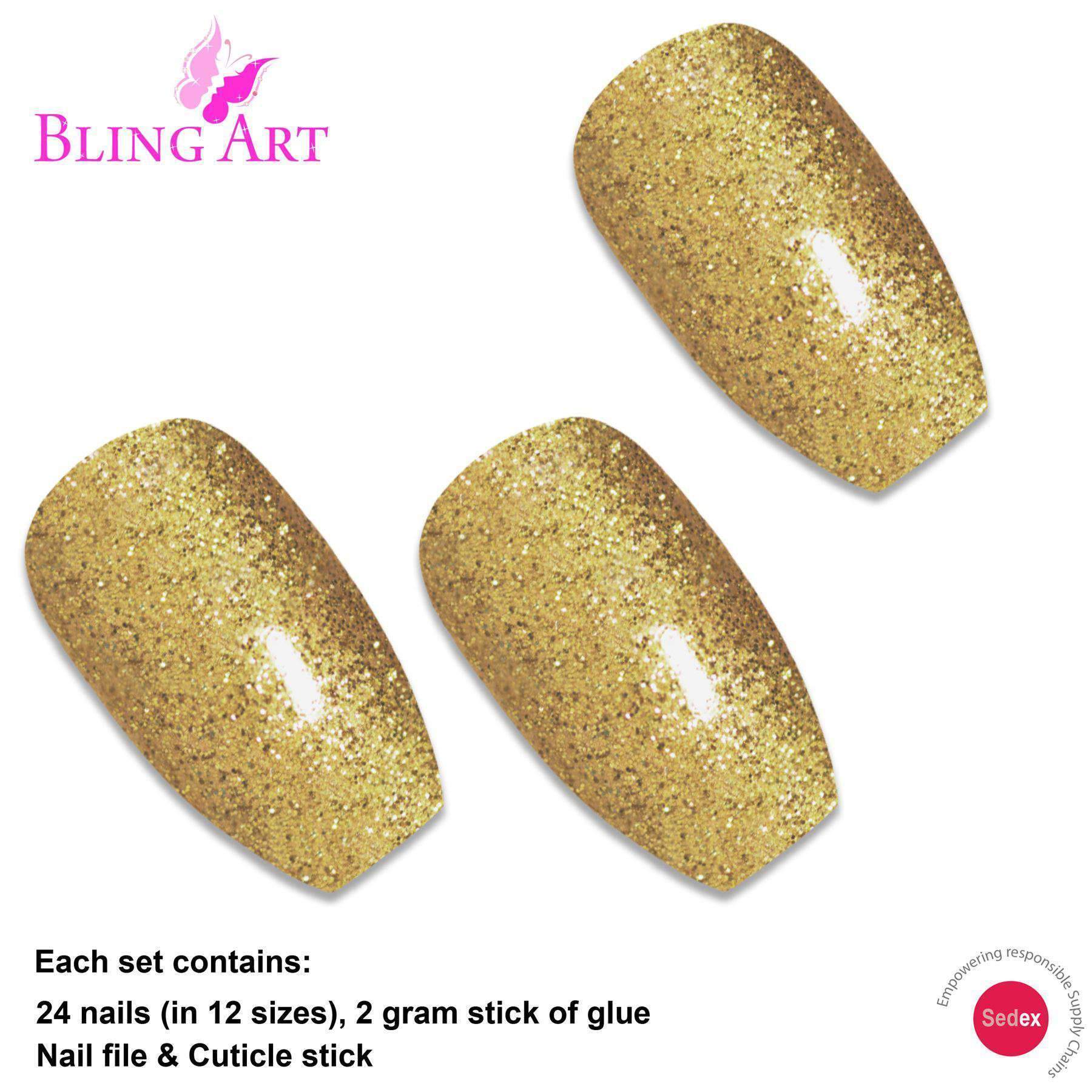 Bling Art Gold Gel Ballerina Coffin false nails set with 24 long acrylic tips, glue, nail file, and cuticle stick.