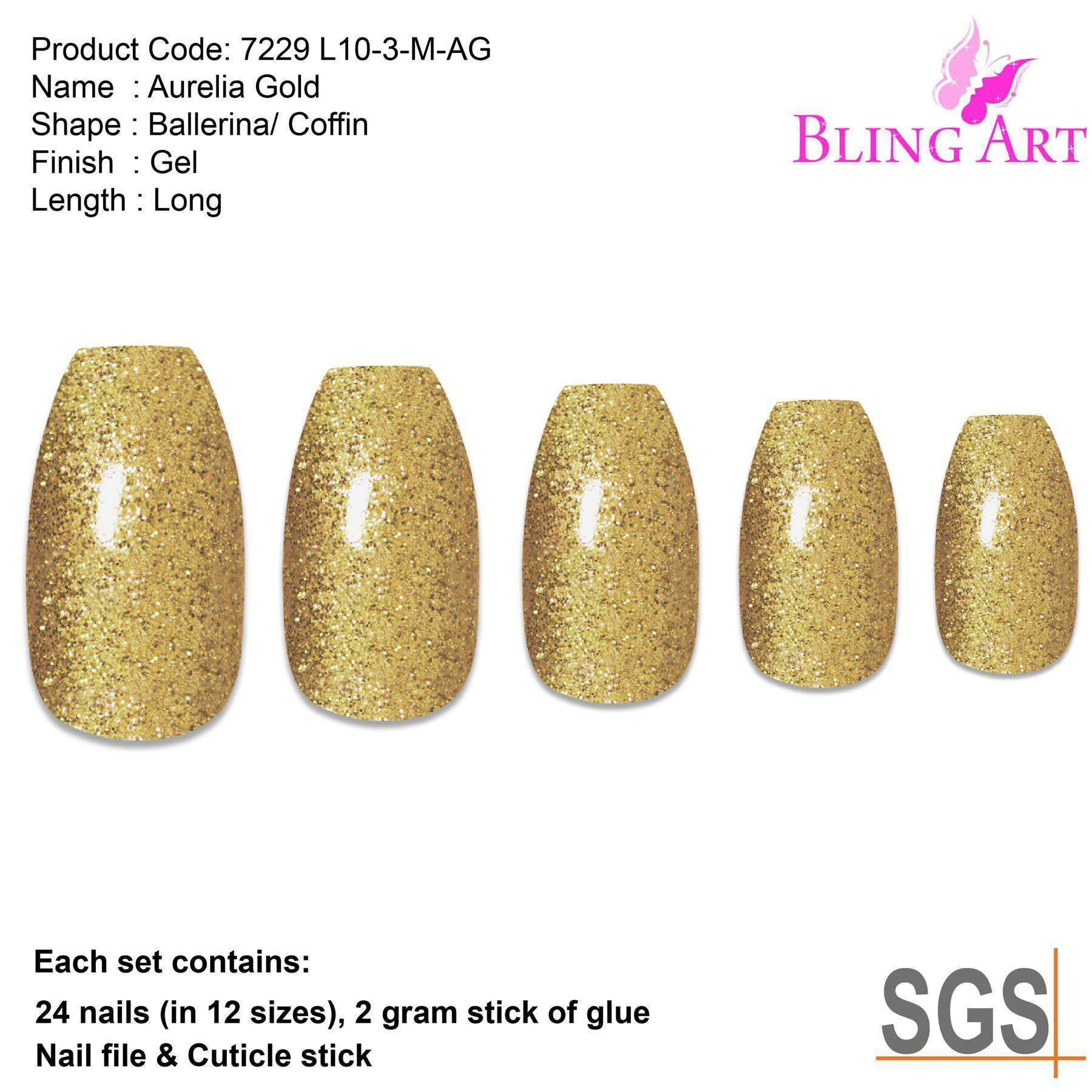 Bling Art Gold Gel Ballerina Coffin false nails set with 24 long acrylic tips, glue, nail file, and cuticle stick.