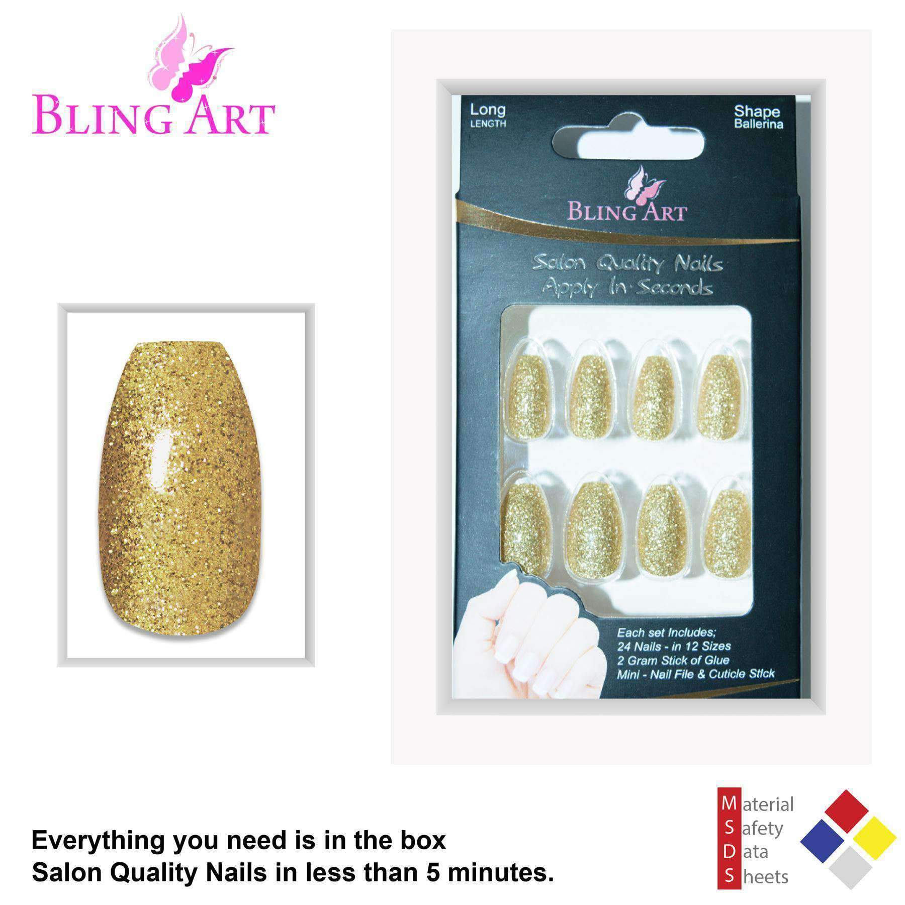 Bling Art Gold Gel Ballerina Coffin false nails set with 24 long acrylic tips, glue, nail file, and cuticle stick.