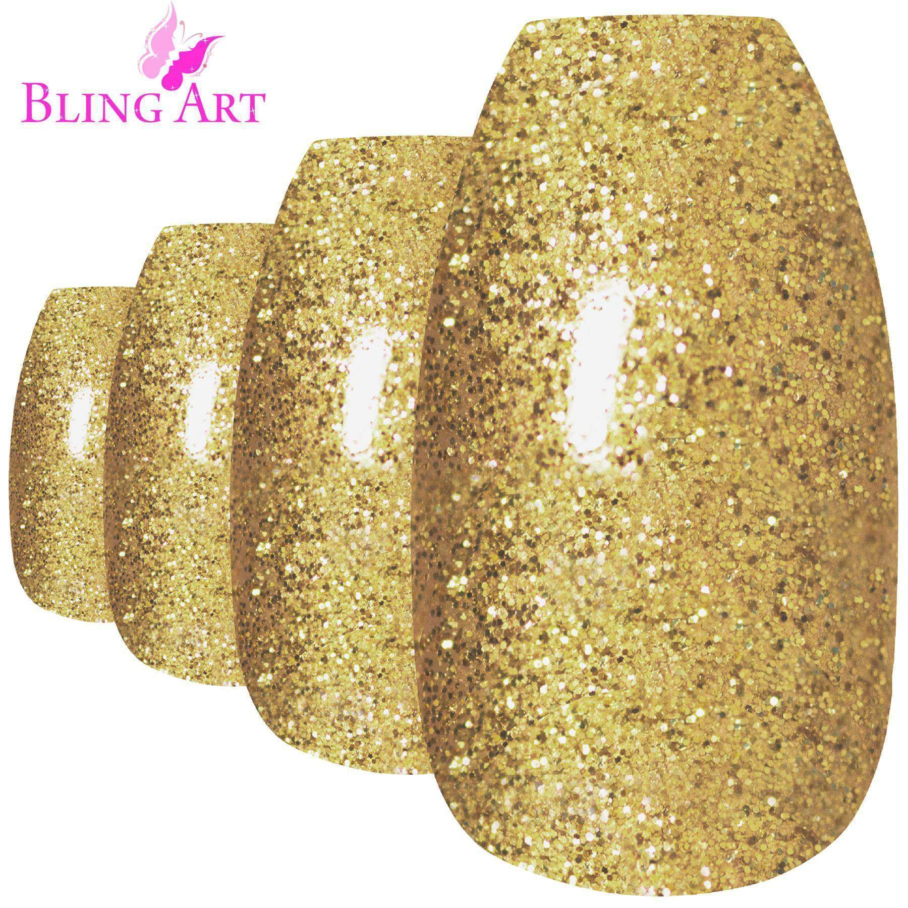 Bling Art Gold Gel Ballerina Coffin false nails set with 24 long acrylic tips, glue, nail file, and cuticle stick.