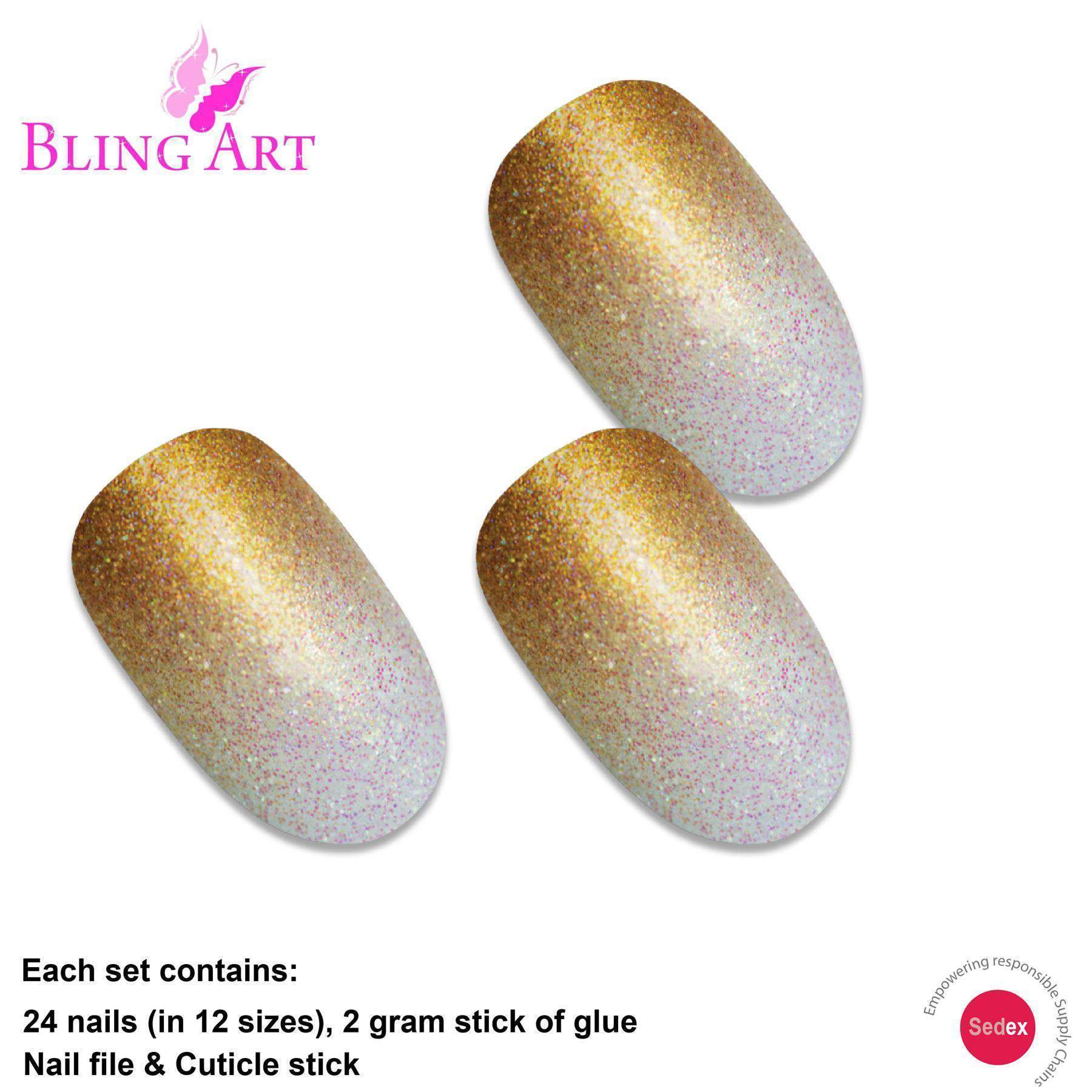 Bling Art Gold Gel Ombre Oval Medium Fake Acrylic Nails set with 24 nail tips, glue, nail file, and cuticle stick, showcasing a luxurious gold ombre design.