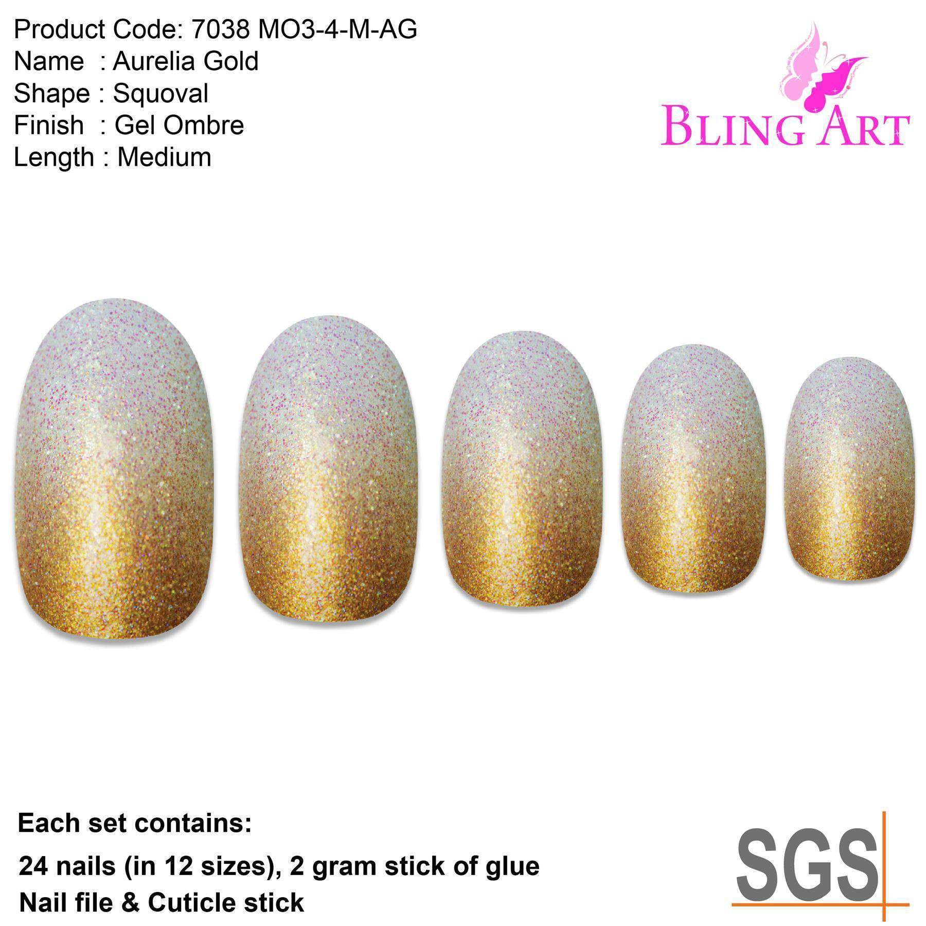 Bling Art Gold Gel Ombre Oval Medium Fake Acrylic Nails set with 24 nail tips, glue, nail file, and cuticle stick, showcasing a luxurious gold ombre design.