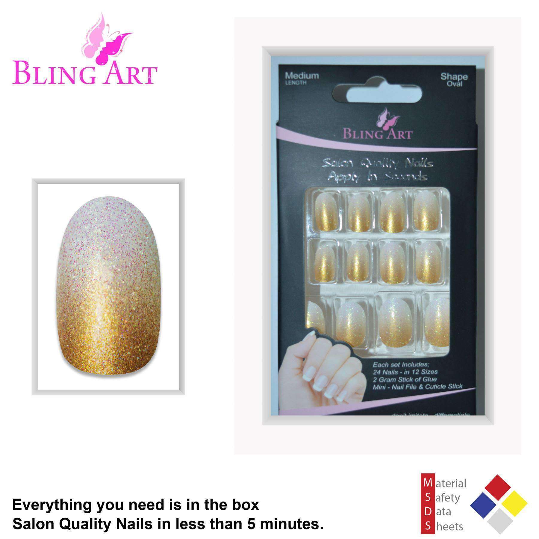 Bling Art Gold Gel Ombre Oval Medium Fake Acrylic Nails set with 24 nail tips, glue, nail file, and cuticle stick, showcasing a luxurious gold ombre design.