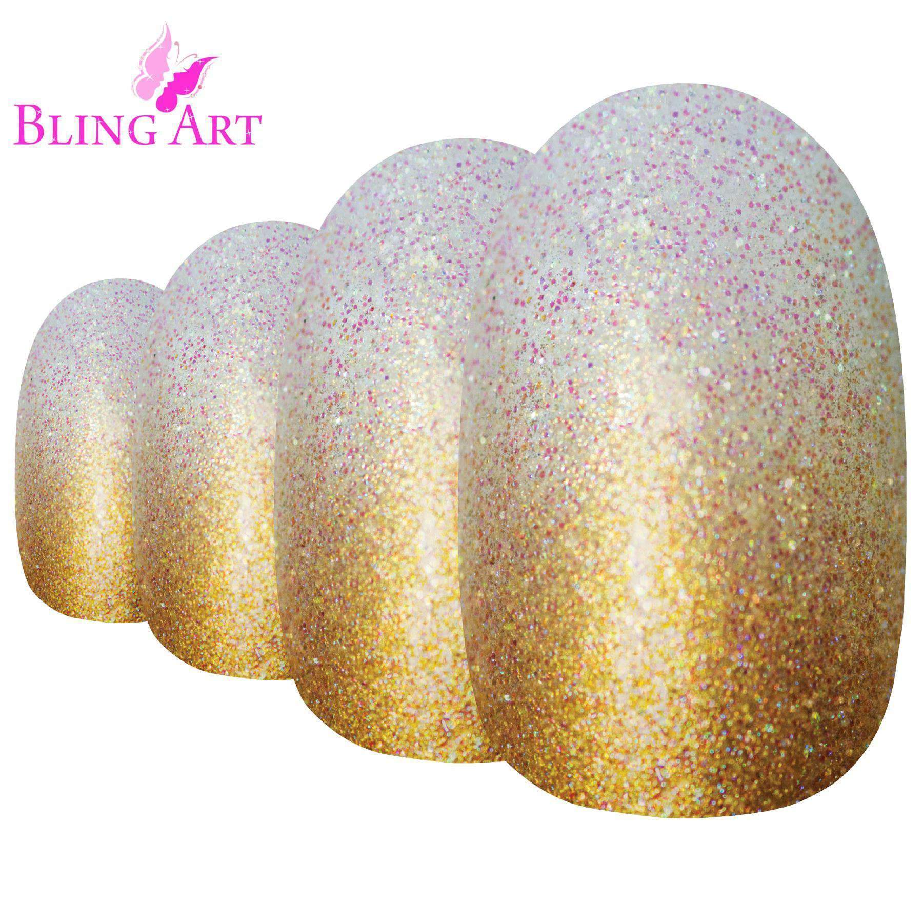 Bling Art Gold Gel Ombre Oval Medium Fake Acrylic Nails set with 24 nail tips, glue, nail file, and cuticle stick, showcasing a luxurious gold ombre design.