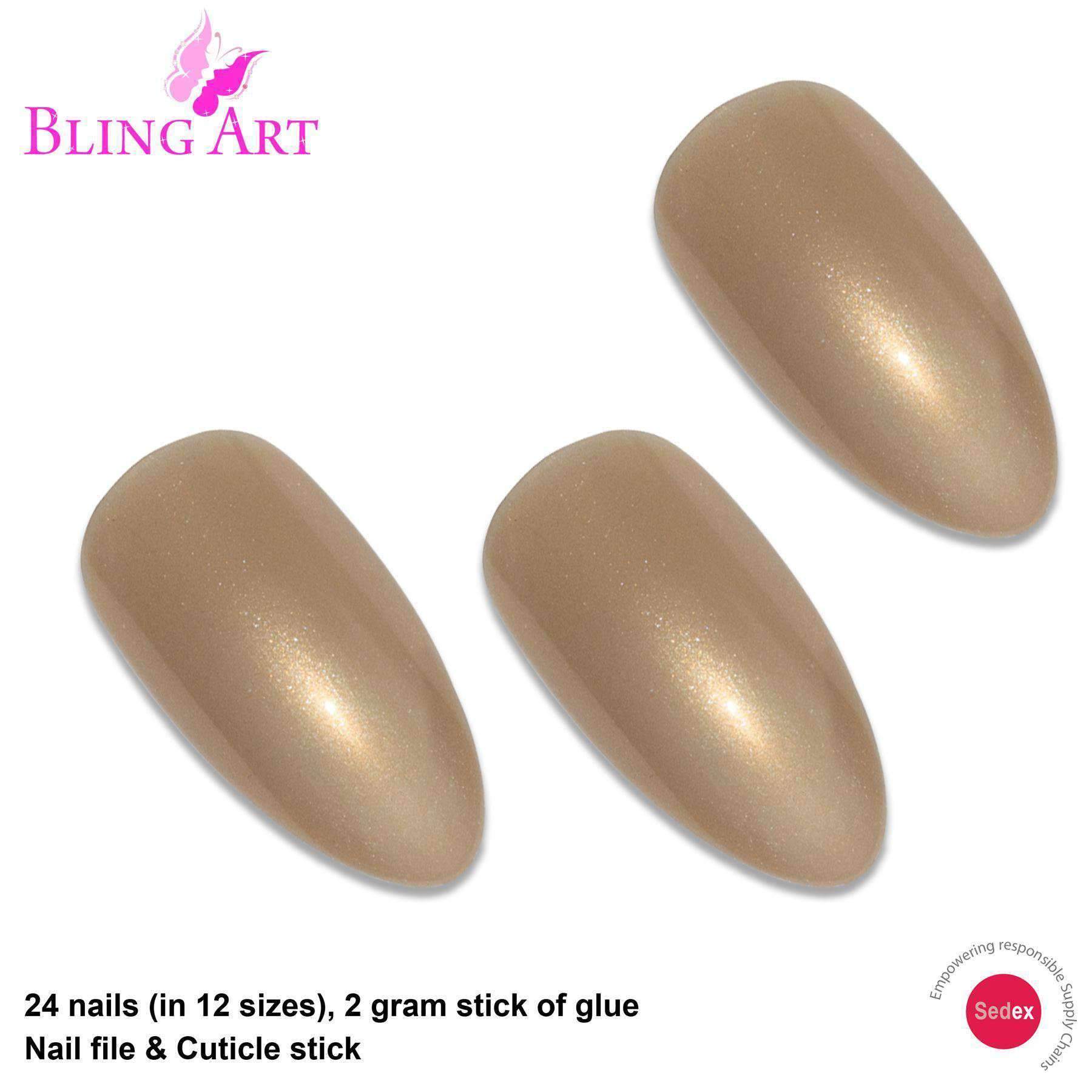 Bling Art Gold Glitter Almond Stiletto false nails set with glue, nail file, and cuticle stick, showcasing luxurious gold glitter finish.