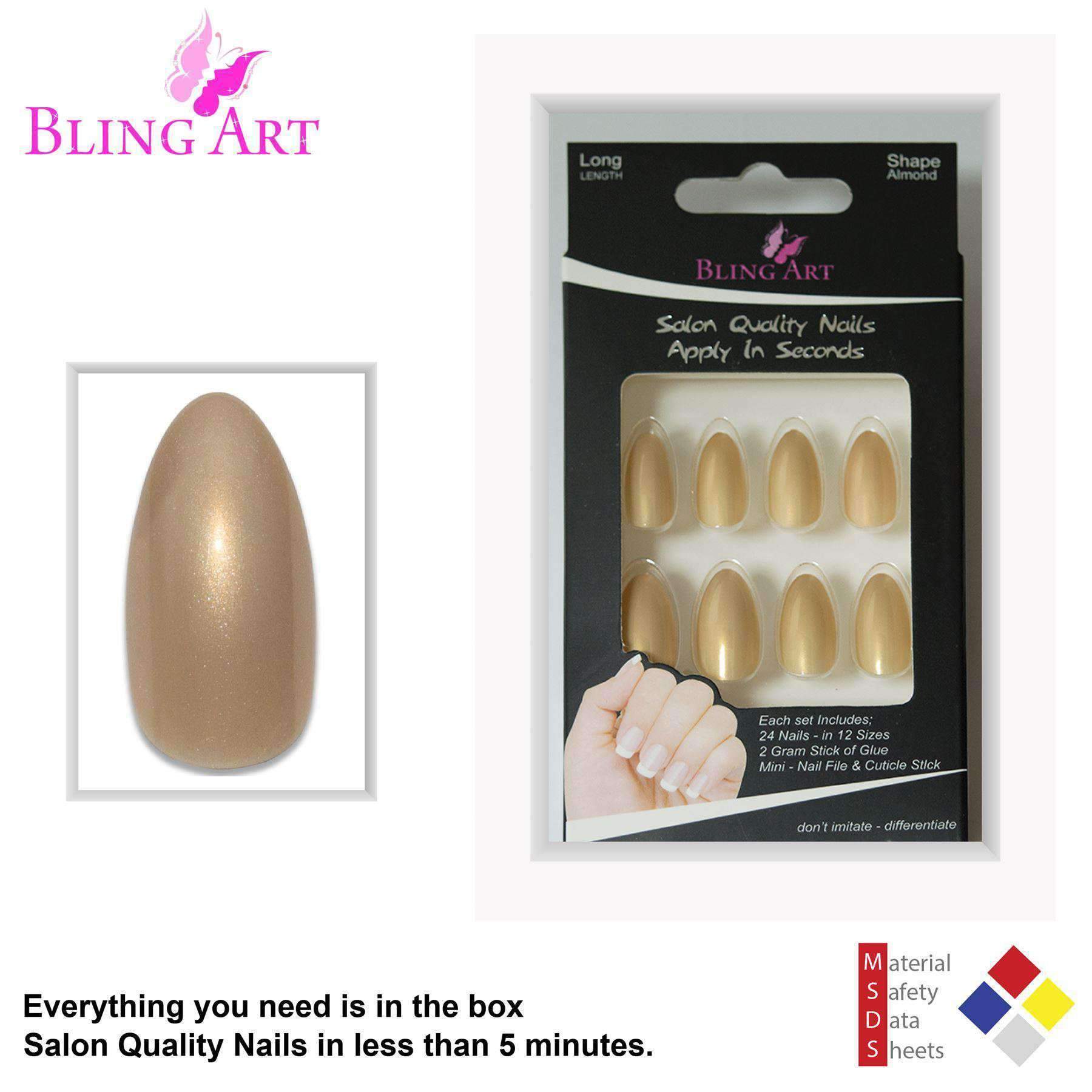 Bling Art Gold Glitter Almond Stiletto false nails set with glue, nail file, and cuticle stick, showcasing luxurious gold glitter finish.