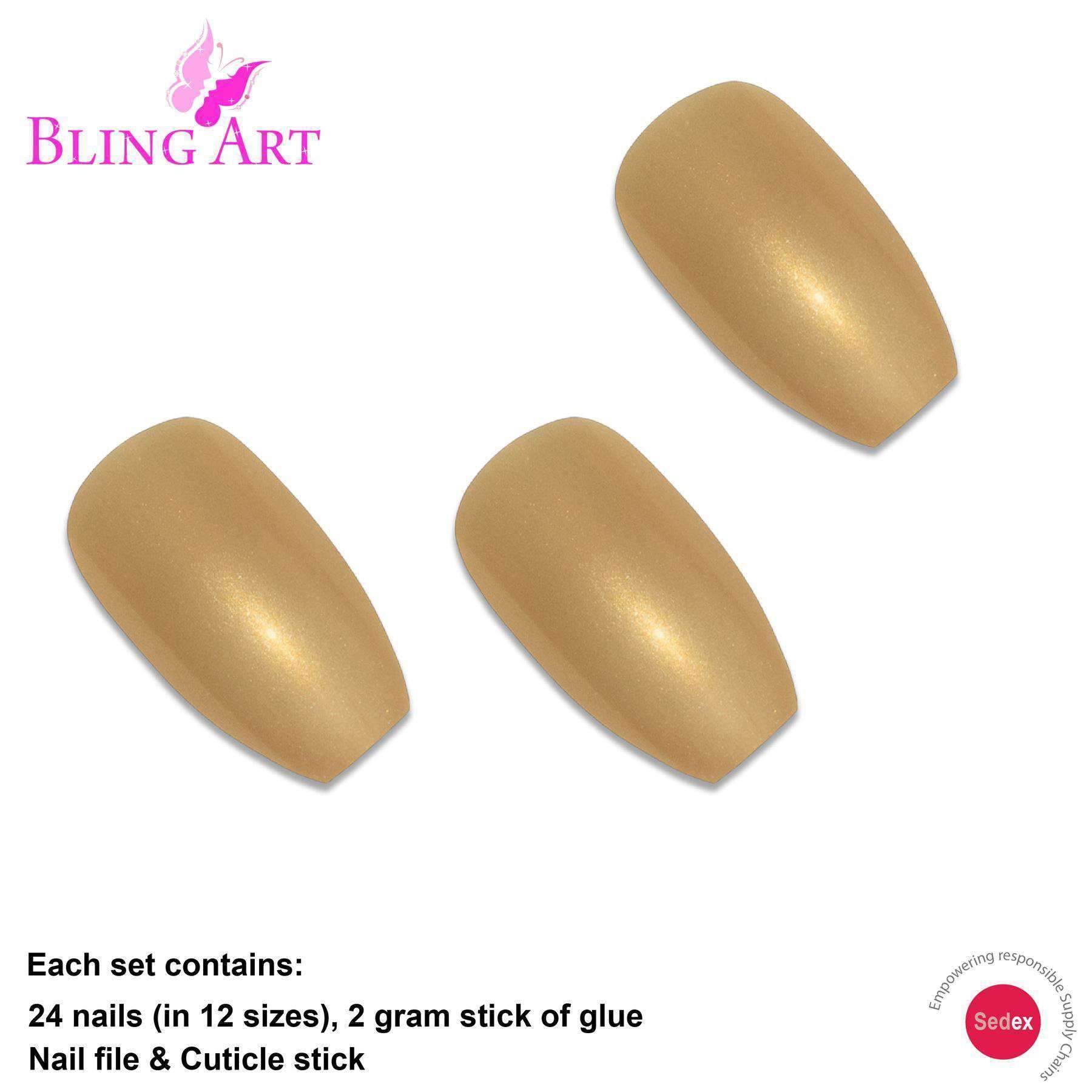 Bling Art Gold Glitter Ballerina Coffin Nails set with 24 acrylic tips, glue, nail file, and cuticle stick, showcasing a luxurious gold glitter finish.