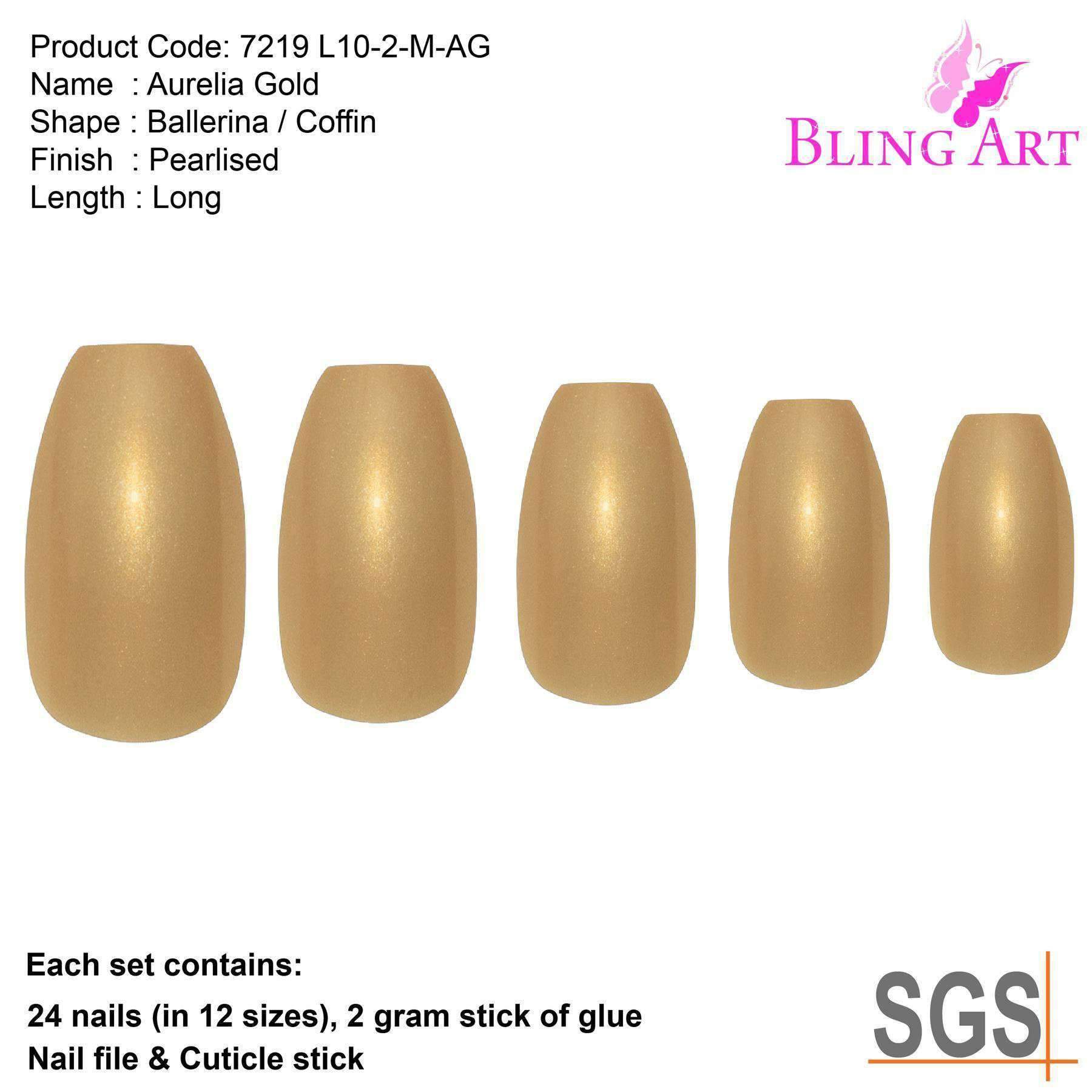 Bling Art Gold Glitter Ballerina Coffin Nails set with 24 acrylic tips, glue, nail file, and cuticle stick, showcasing a luxurious gold glitter finish.