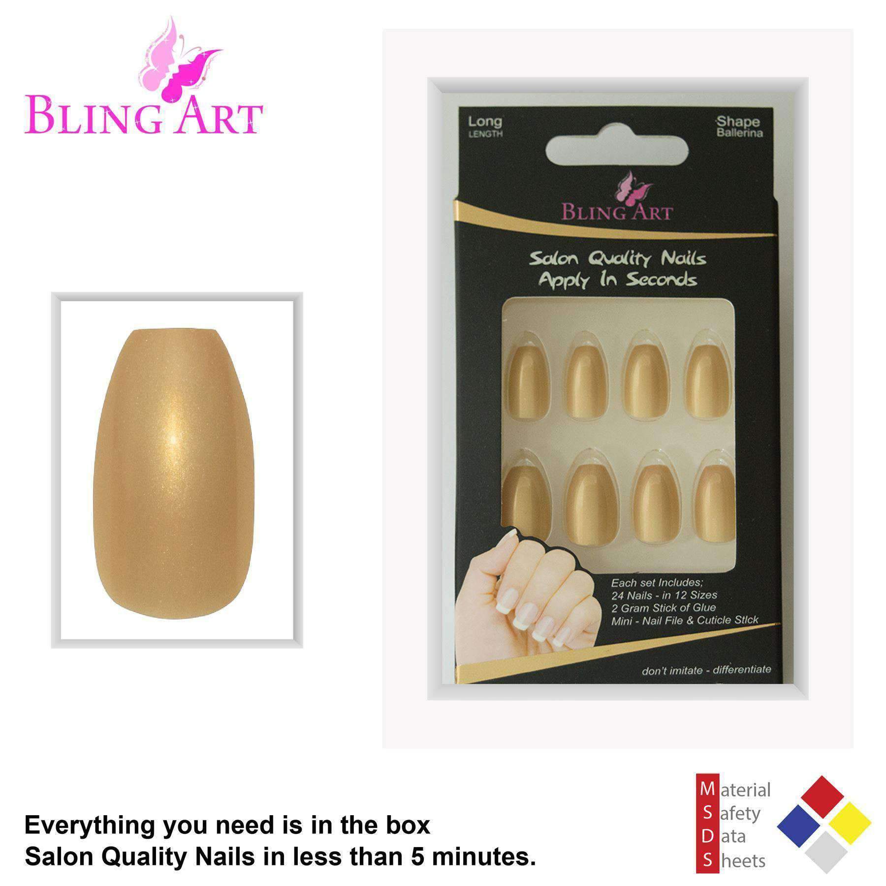 Bling Art Gold Glitter Ballerina Coffin Nails set with 24 acrylic tips, glue, nail file, and cuticle stick, showcasing a luxurious gold glitter finish.