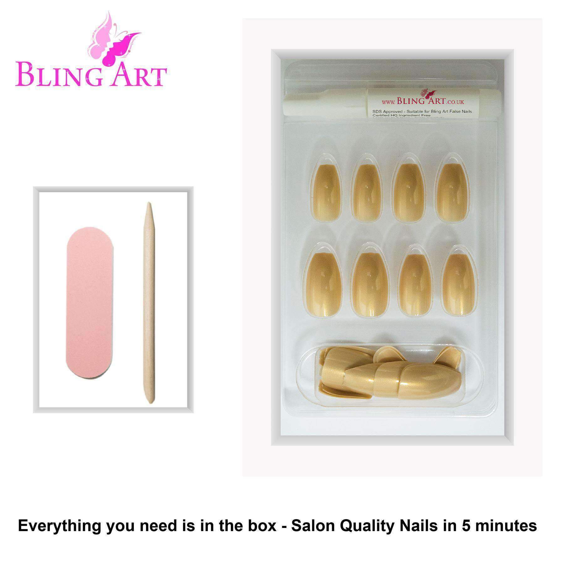 Bling Art Gold Glitter Ballerina Coffin Nails set with 24 acrylic tips, glue, nail file, and cuticle stick, showcasing a luxurious gold glitter finish.