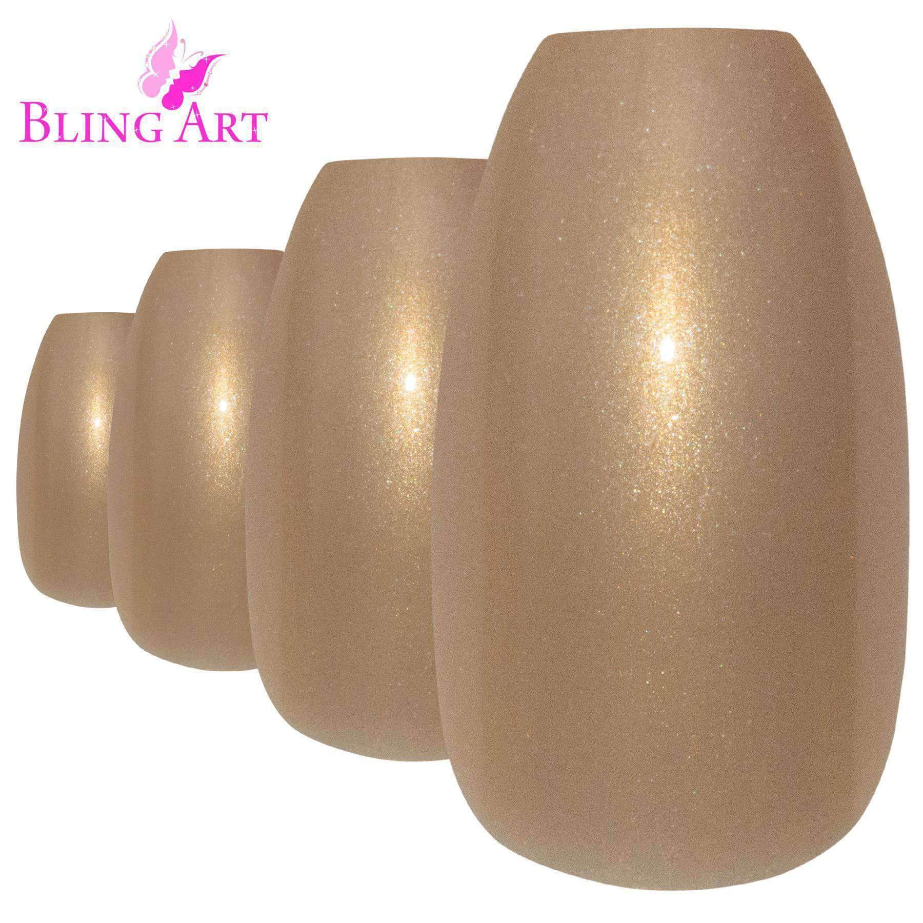 Bling Art Gold Glitter Ballerina Coffin Nails set with 24 acrylic tips, glue, nail file, and cuticle stick, showcasing a luxurious gold glitter finish.