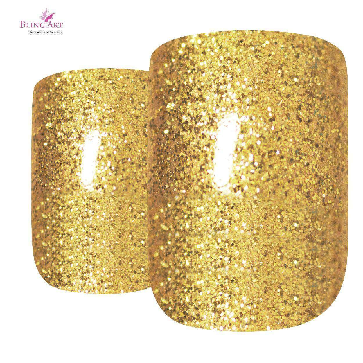 Bling Art Gold Glitter French Squoval false nails set with 24 acrylic tips, glue, nail file, and cuticle stick, showcasing a luxurious gold glitter design.