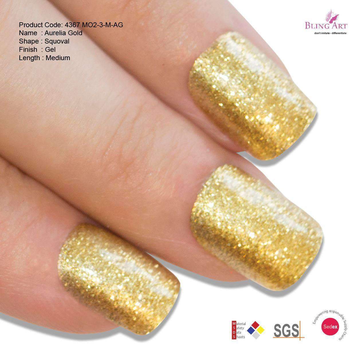 Bling Art Gold Glitter French Squoval false nails set with 24 acrylic tips, glue, nail file, and cuticle stick, showcasing a luxurious gold glitter design.