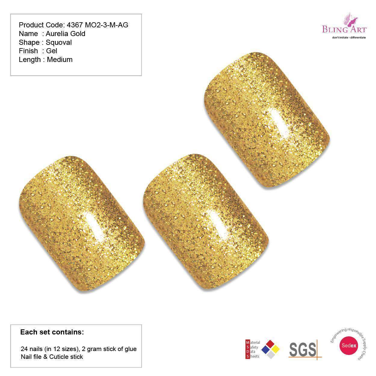 Bling Art Gold Glitter French Squoval false nails set with 24 acrylic tips, glue, nail file, and cuticle stick, showcasing a luxurious gold glitter design.