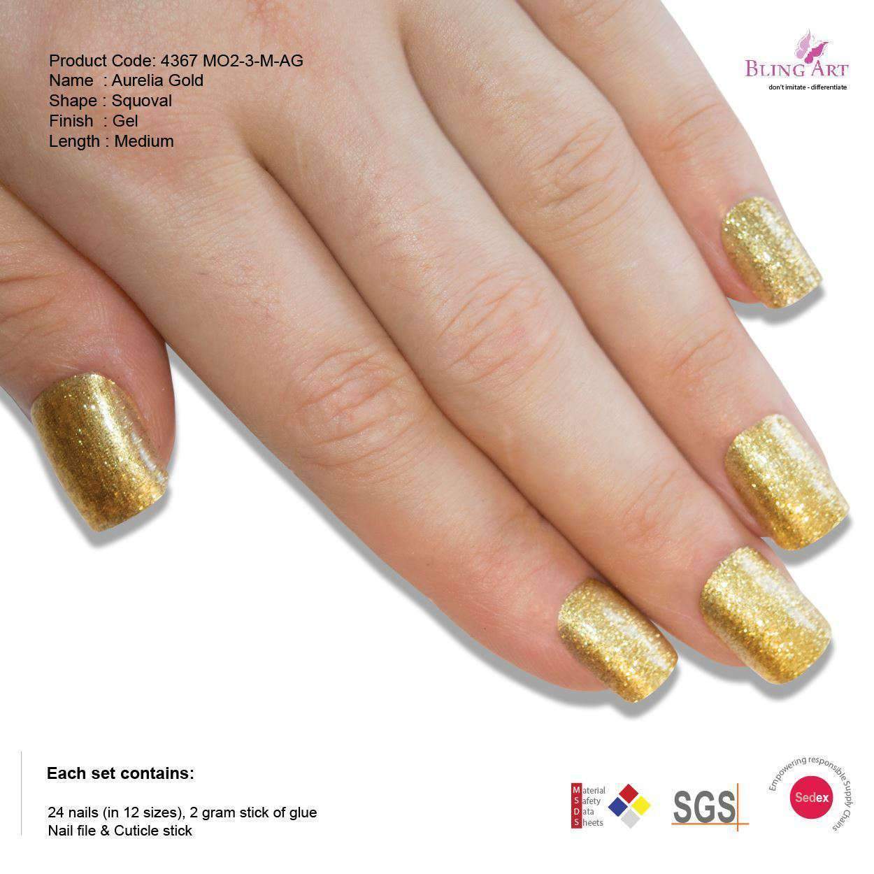 Bling Art Gold Glitter French Squoval false nails set with 24 acrylic tips, glue, nail file, and cuticle stick, showcasing a luxurious gold glitter design.