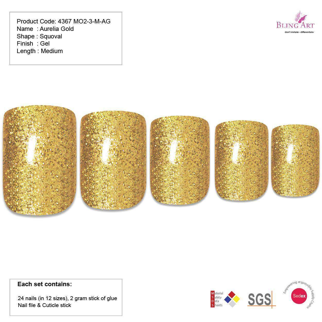 Bling Art Gold Glitter French Squoval false nails set with 24 acrylic tips, glue, nail file, and cuticle stick, showcasing a luxurious gold glitter design.