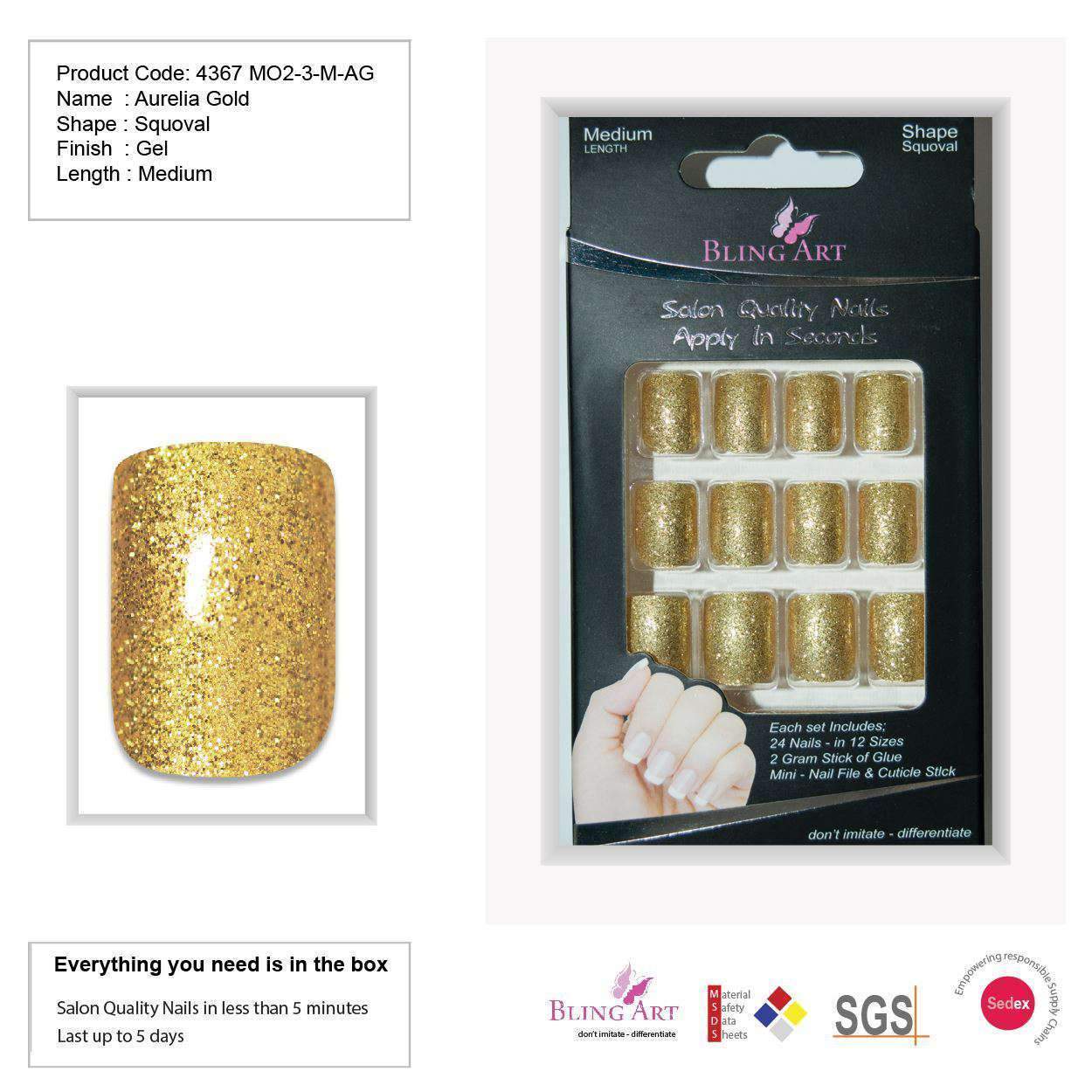 Bling Art Gold Glitter French Squoval false nails set with 24 acrylic tips, glue, nail file, and cuticle stick, showcasing a luxurious gold glitter design.