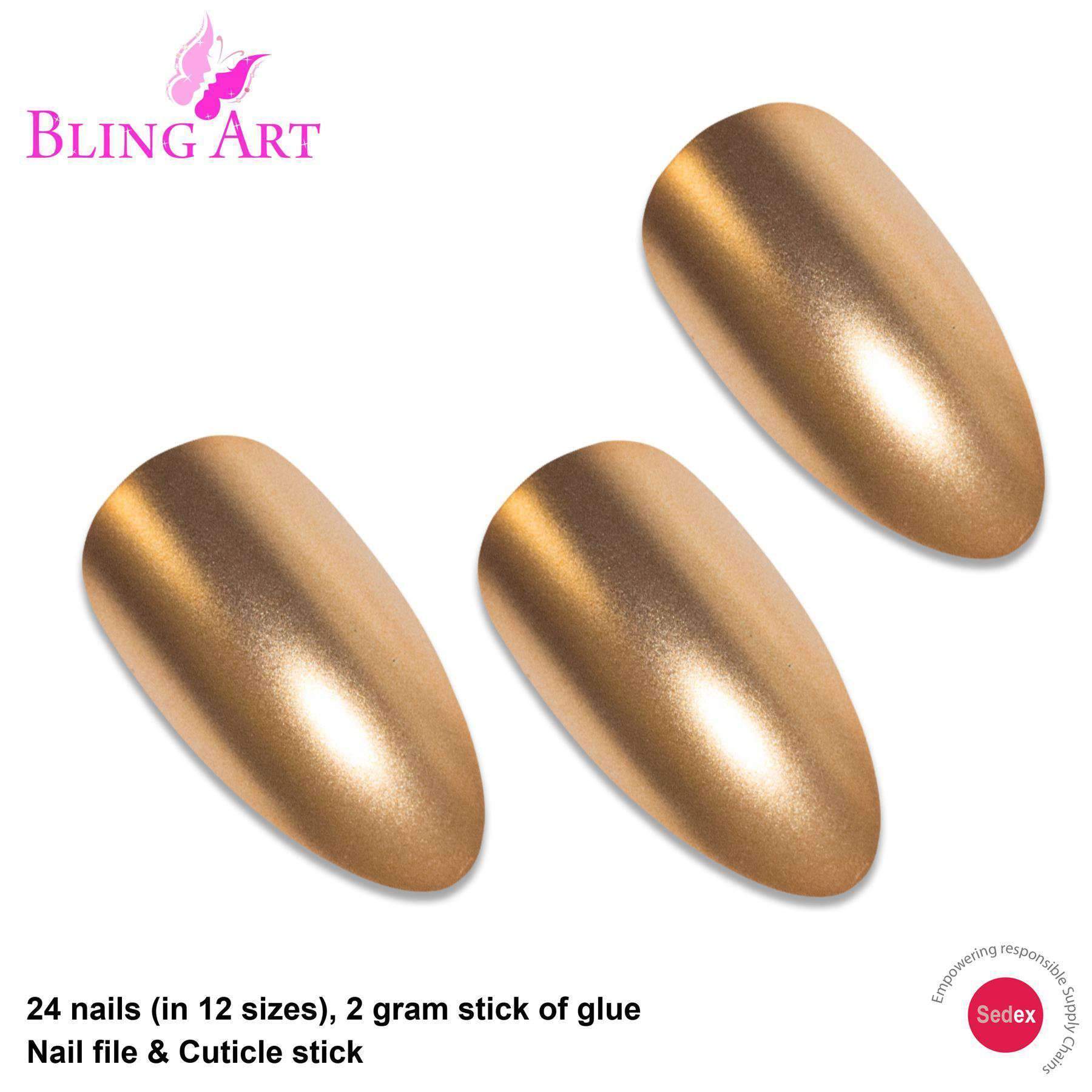 Bling Art Gold Matte Metallic Almond Stiletto Fake Nails set with glue, nail file, and cuticle stick.