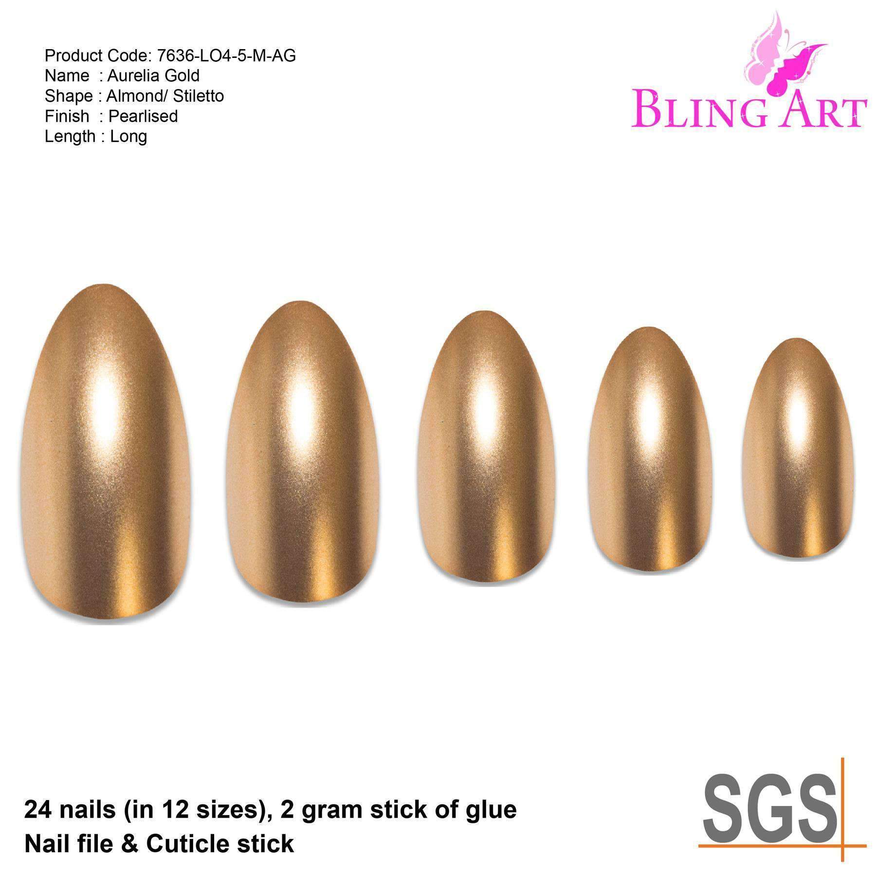 Bling Art Gold Matte Metallic Almond Stiletto Fake Nails set with glue, nail file, and cuticle stick.