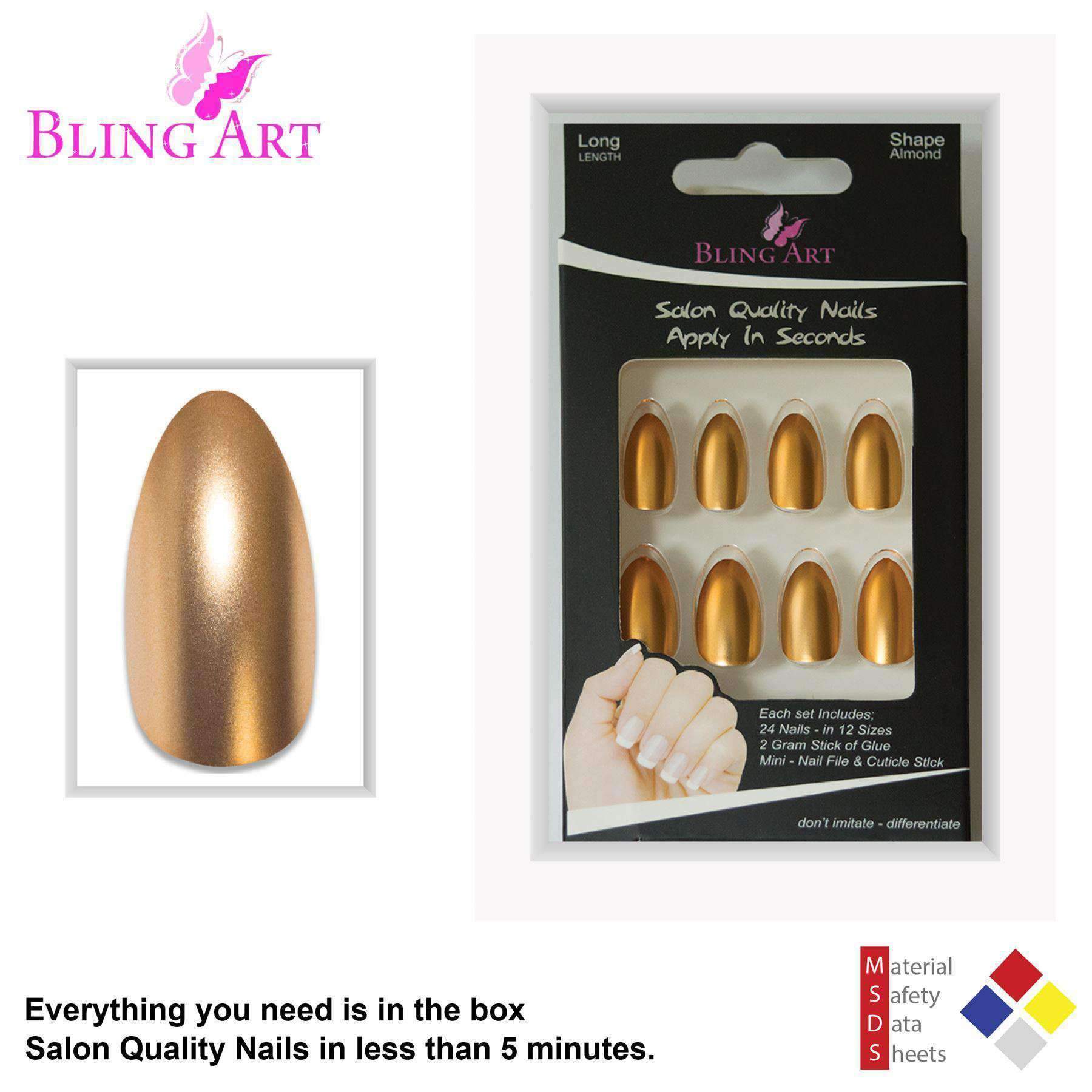 Bling Art Gold Matte Metallic Almond Stiletto Fake Nails set with glue, nail file, and cuticle stick.