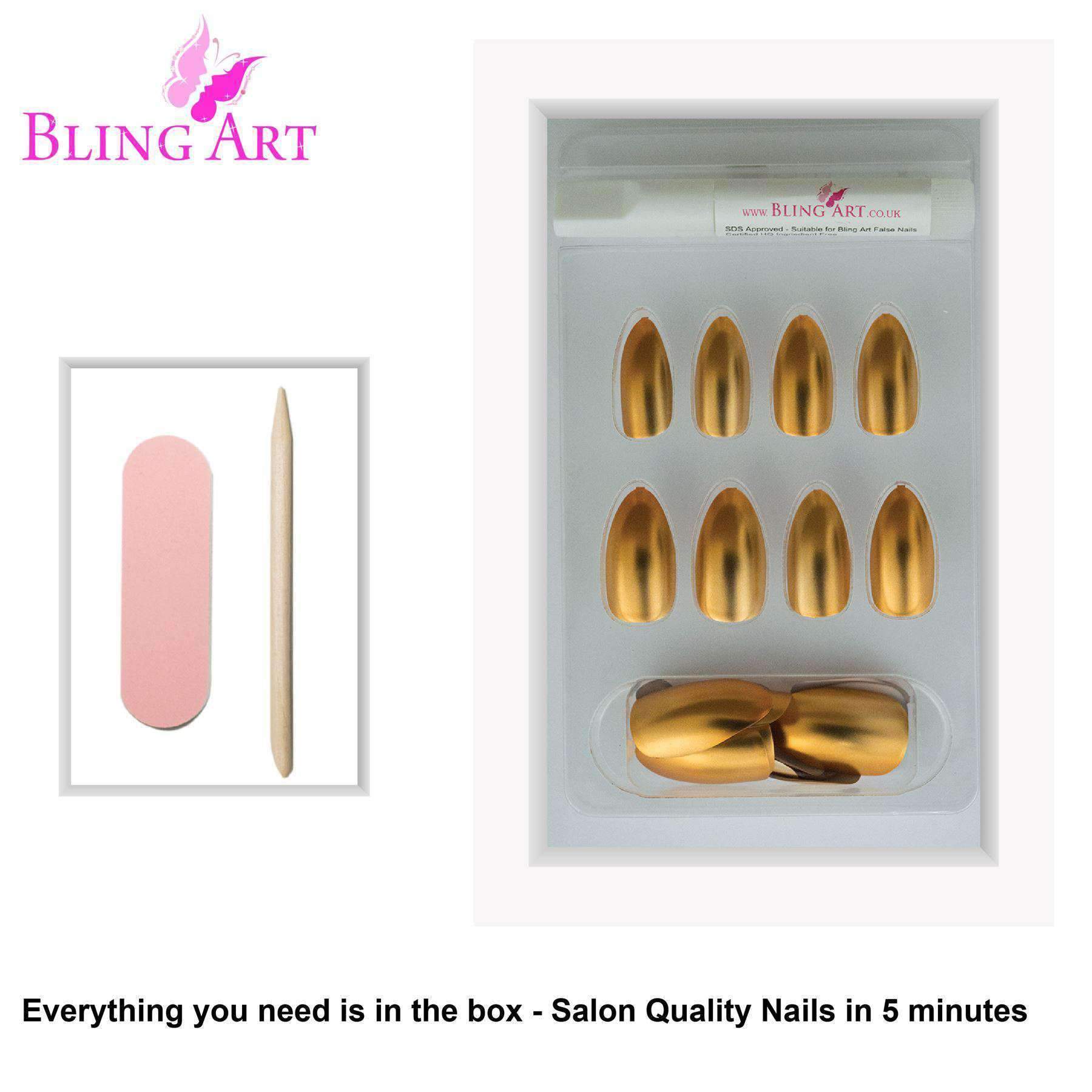 Bling Art Gold Matte Metallic Almond Stiletto Fake Nails set with glue, nail file, and cuticle stick.