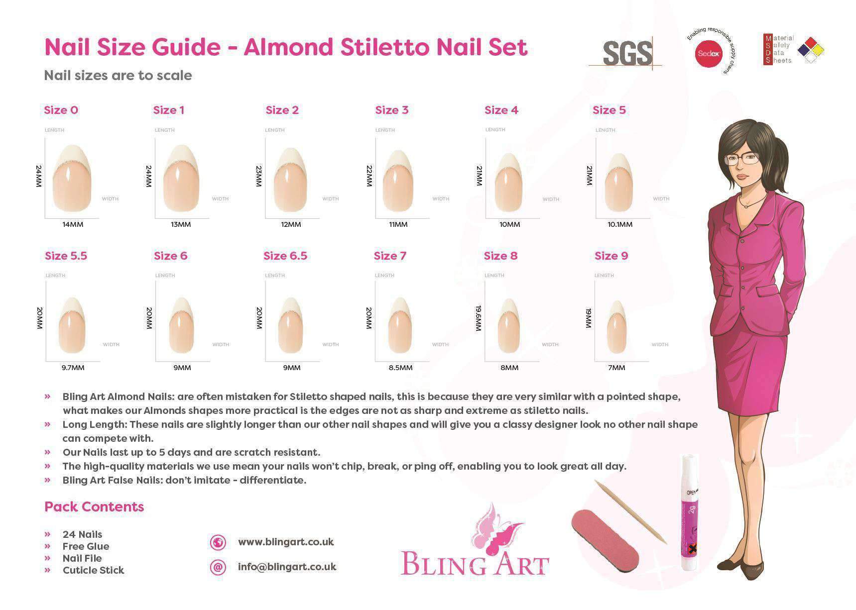 Bling Art Gold Matte Metallic Almond Stiletto Fake Nails set with glue, nail file, and cuticle stick.