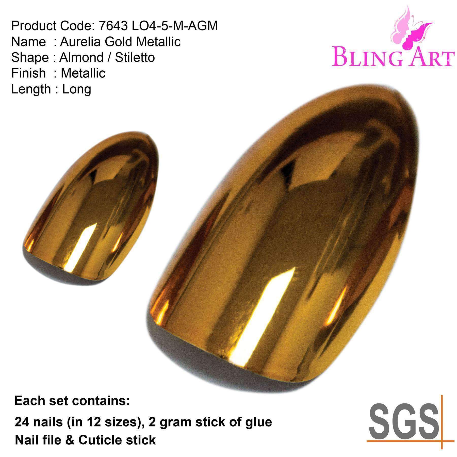 Bling Art Gold Metallic Almond Stiletto False Nails set with glue, nail file, and cuticle stick, showcasing a luxurious metallic finish.