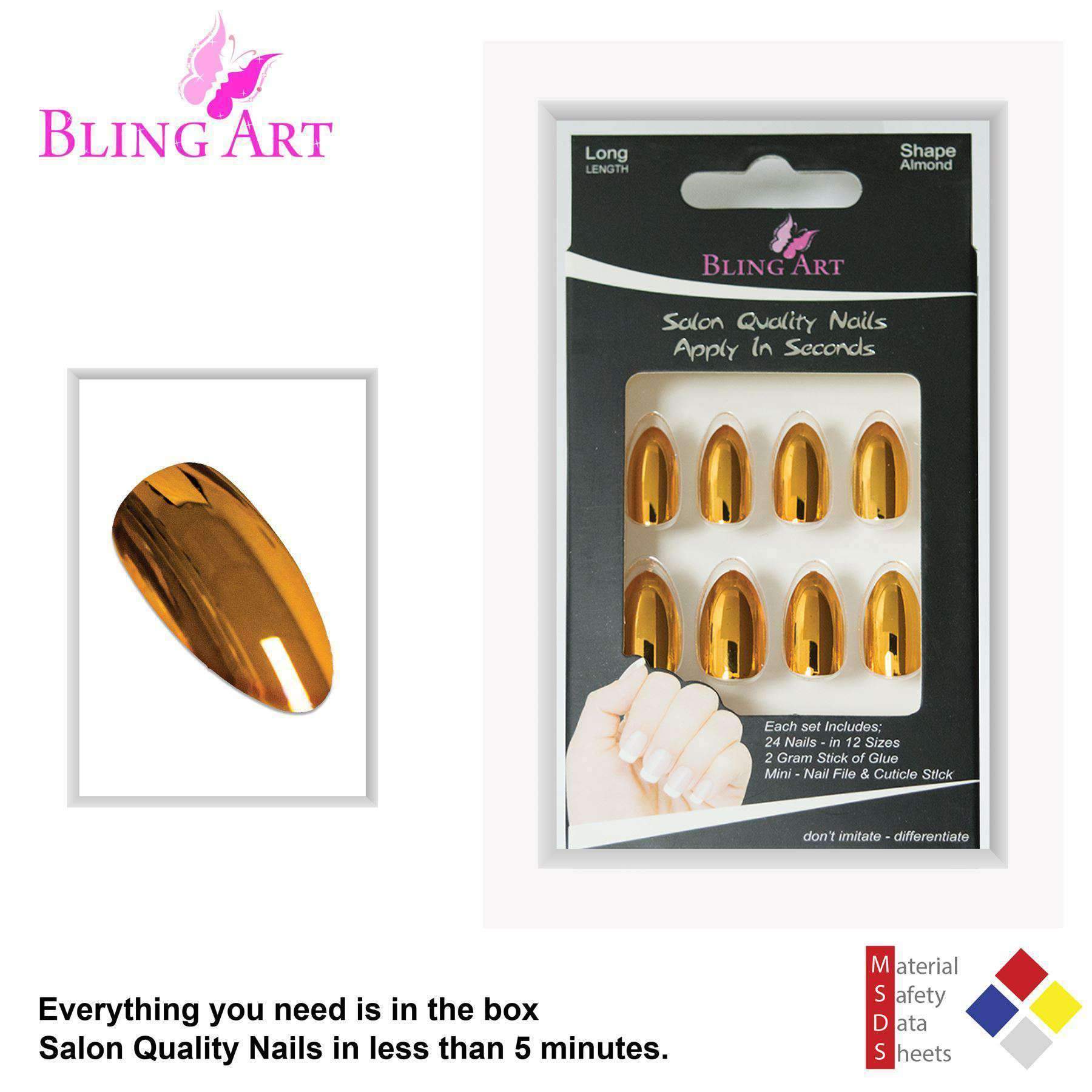 Bling Art Gold Metallic Almond Stiletto False Nails set with glue, nail file, and cuticle stick, showcasing a luxurious metallic finish.