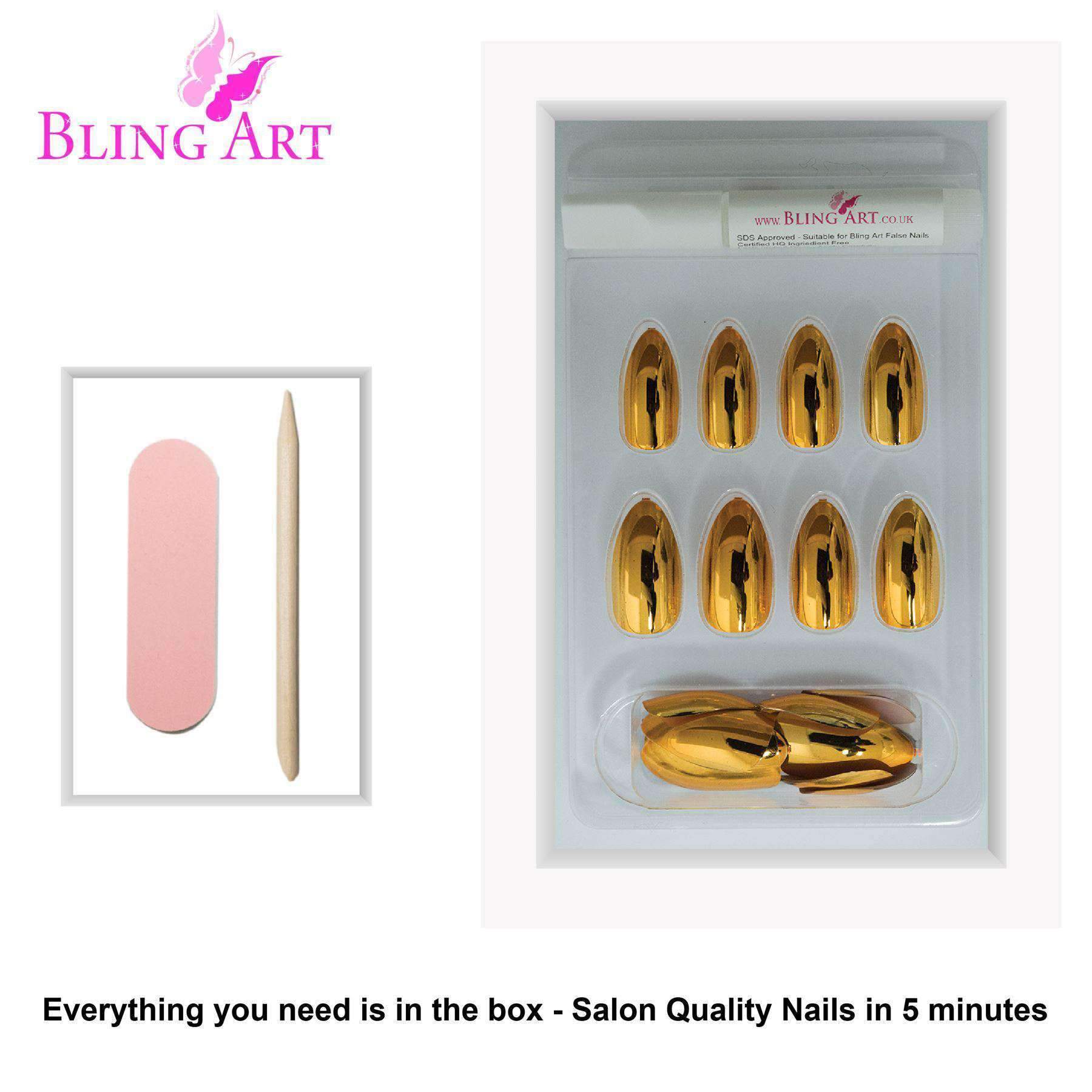 Bling Art Gold Metallic Almond Stiletto False Nails set with glue, nail file, and cuticle stick, showcasing a luxurious metallic finish.