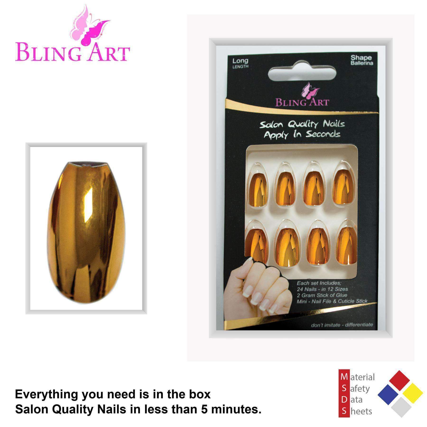 Bling Art Gold Metallic Ballerina Coffin Acrylic Nails set with glue, nail file, and cuticle stick.