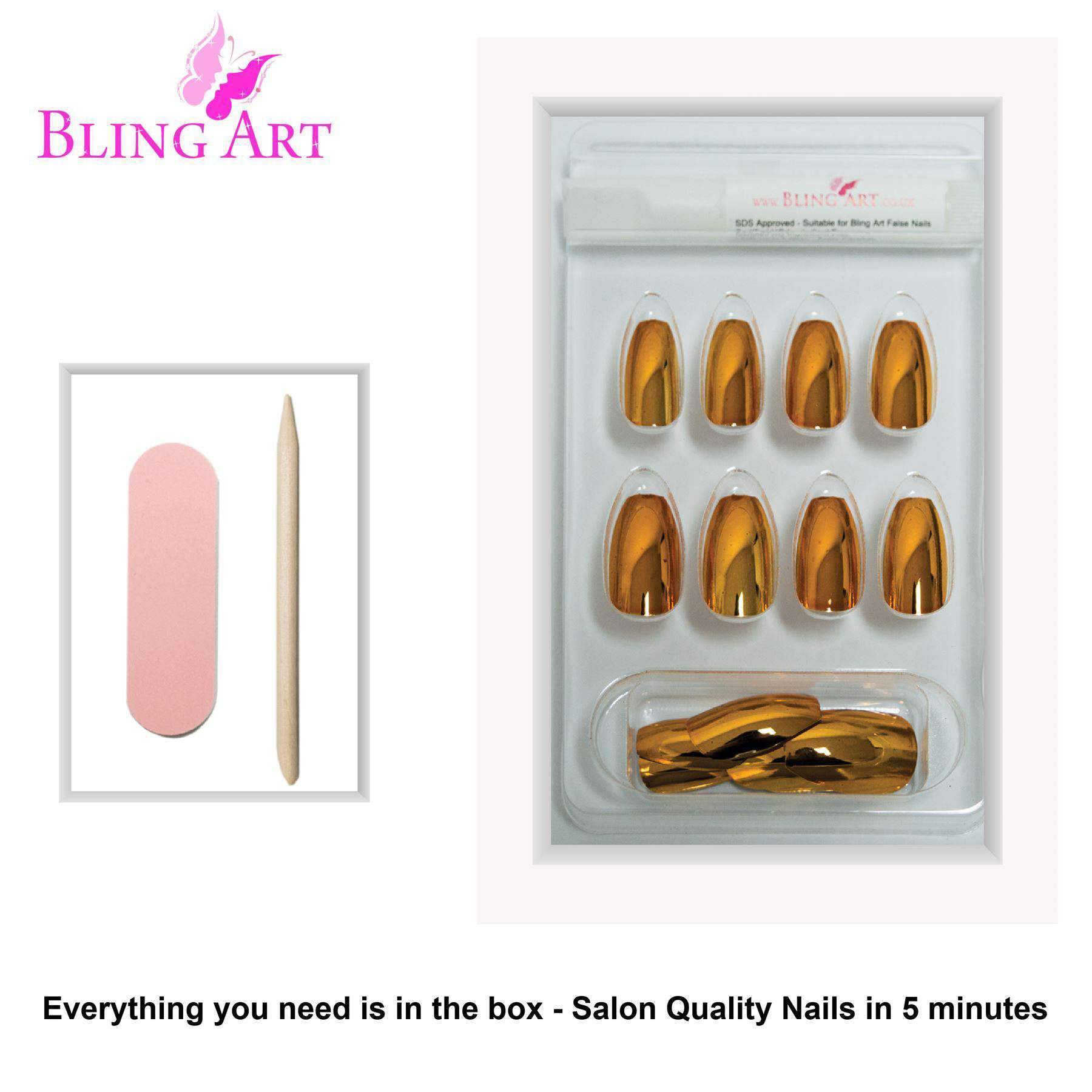 Bling Art Gold Metallic Ballerina Coffin Acrylic Nails set with glue, nail file, and cuticle stick.