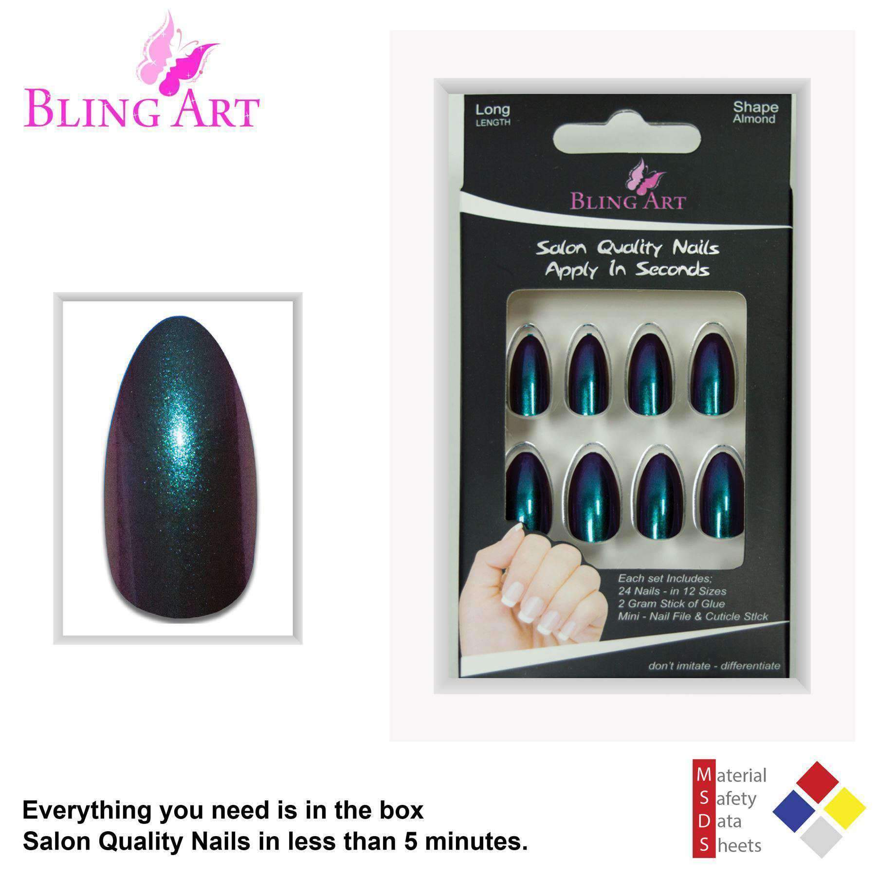 Bling Art Green Purple Chameleon Almond Stiletto false nails set with 24 acrylic tips, glue, nail file, and cuticle stick.