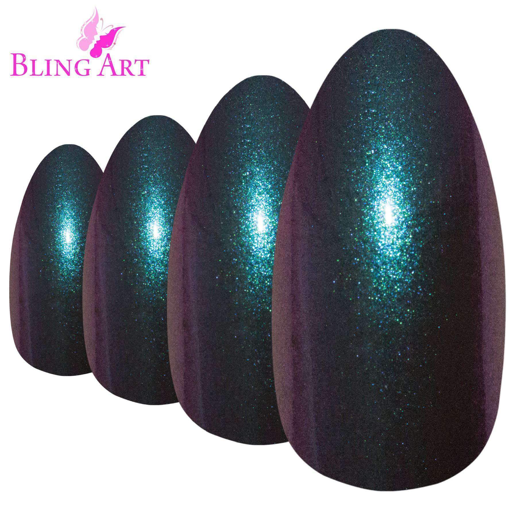 Bling Art Green Purple Chameleon Almond Stiletto false nails set with 24 acrylic tips, glue, nail file, and cuticle stick.