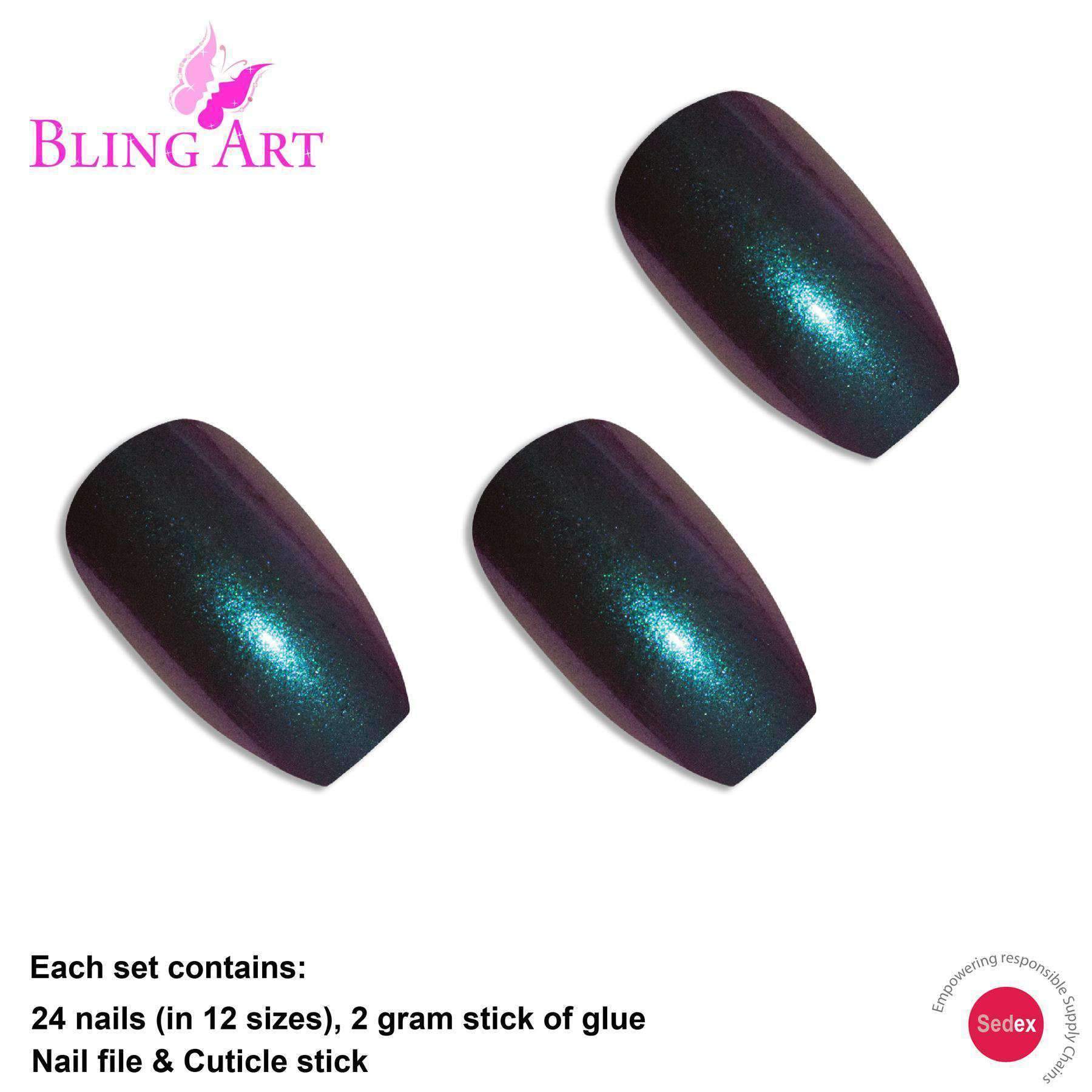 Bling Art Green Purple Chameleon Ballerina Coffin False Nails set with 24 acrylic tips, glue, nail file, and cuticle stick.