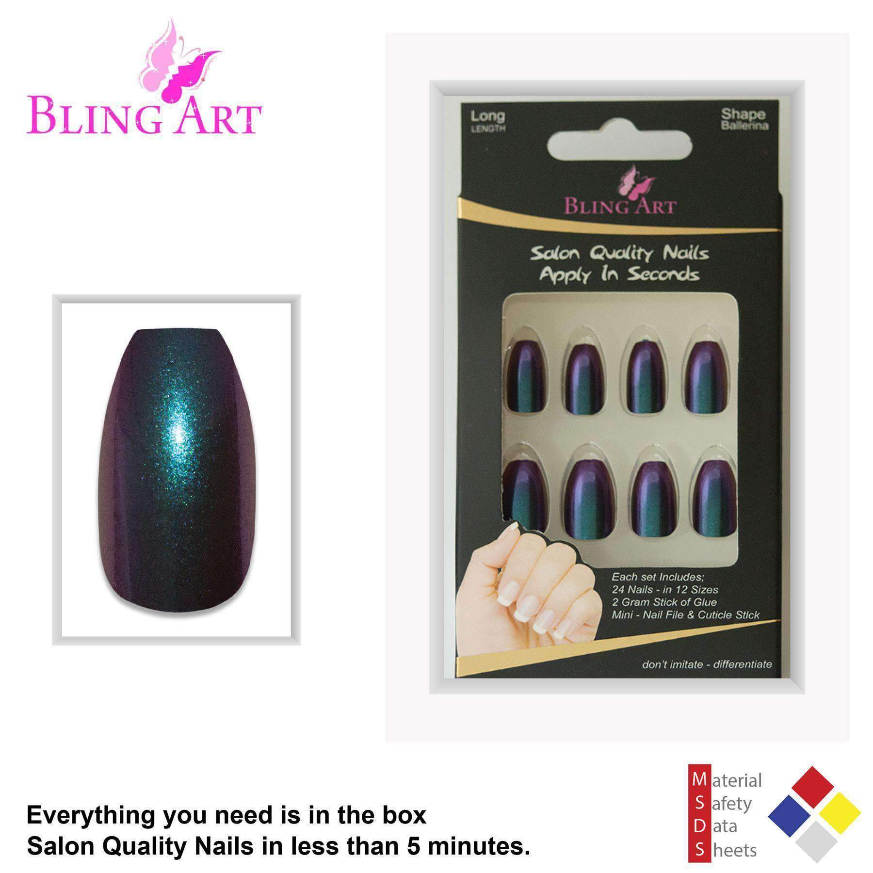 Bling Art Green Purple Chameleon Ballerina Coffin False Nails set with 24 acrylic tips, glue, nail file, and cuticle stick.