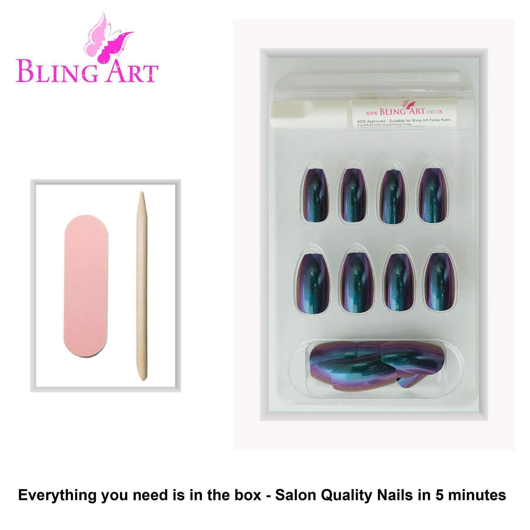 Bling Art Green Purple Chameleon Ballerina Coffin False Nails set with 24 acrylic tips, glue, nail file, and cuticle stick.