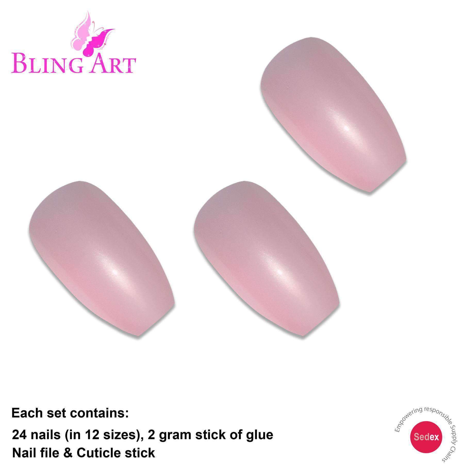 Bling Art Pink Glitter Ballerina Coffin false nails set with 24 acrylic tips, glue, nail file, and cuticle stick, showcasing a pearlescent finish and micro-glitter.