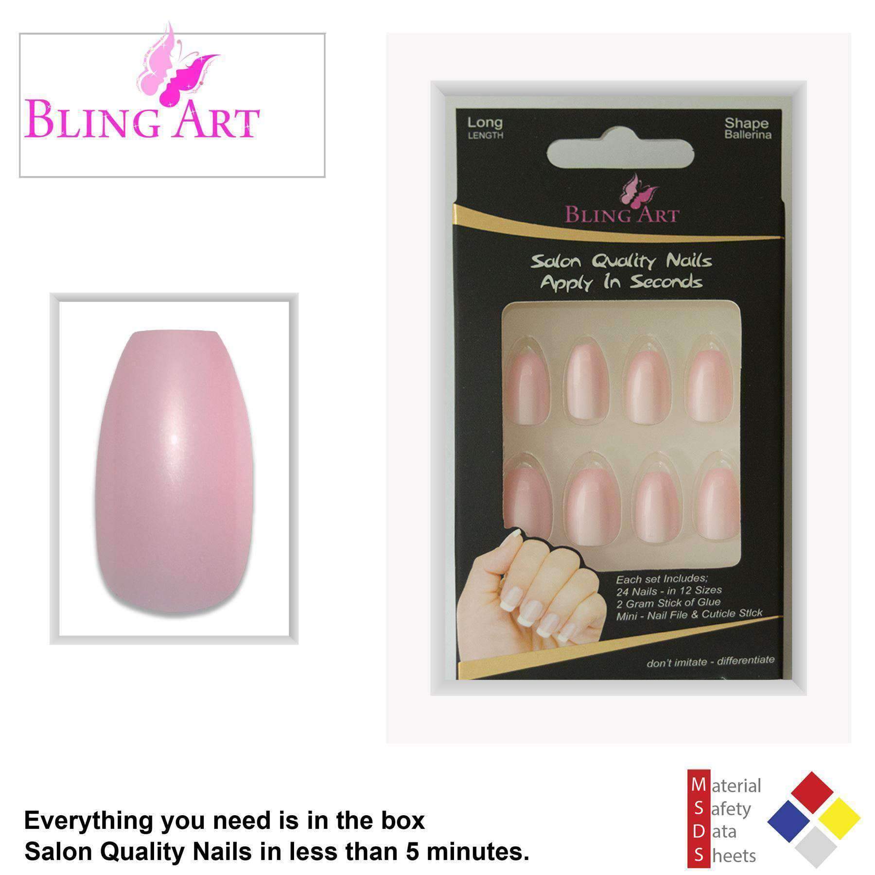 Bling Art Pink Glitter Ballerina Coffin false nails set with 24 acrylic tips, glue, nail file, and cuticle stick, showcasing a pearlescent finish and micro-glitter.