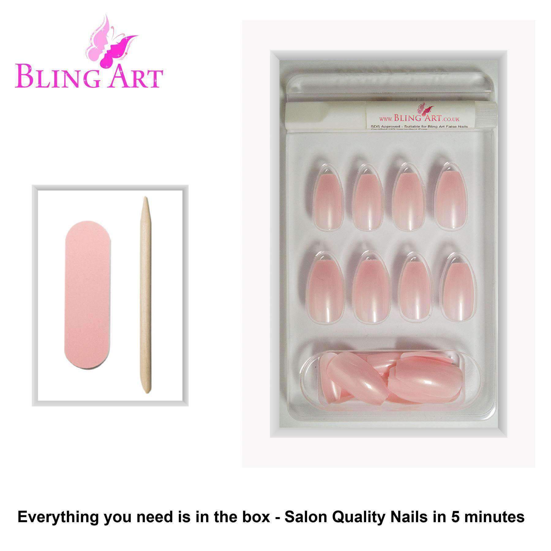 Bling Art Pink Glitter Ballerina Coffin false nails set with 24 acrylic tips, glue, nail file, and cuticle stick, showcasing a pearlescent finish and micro-glitter.