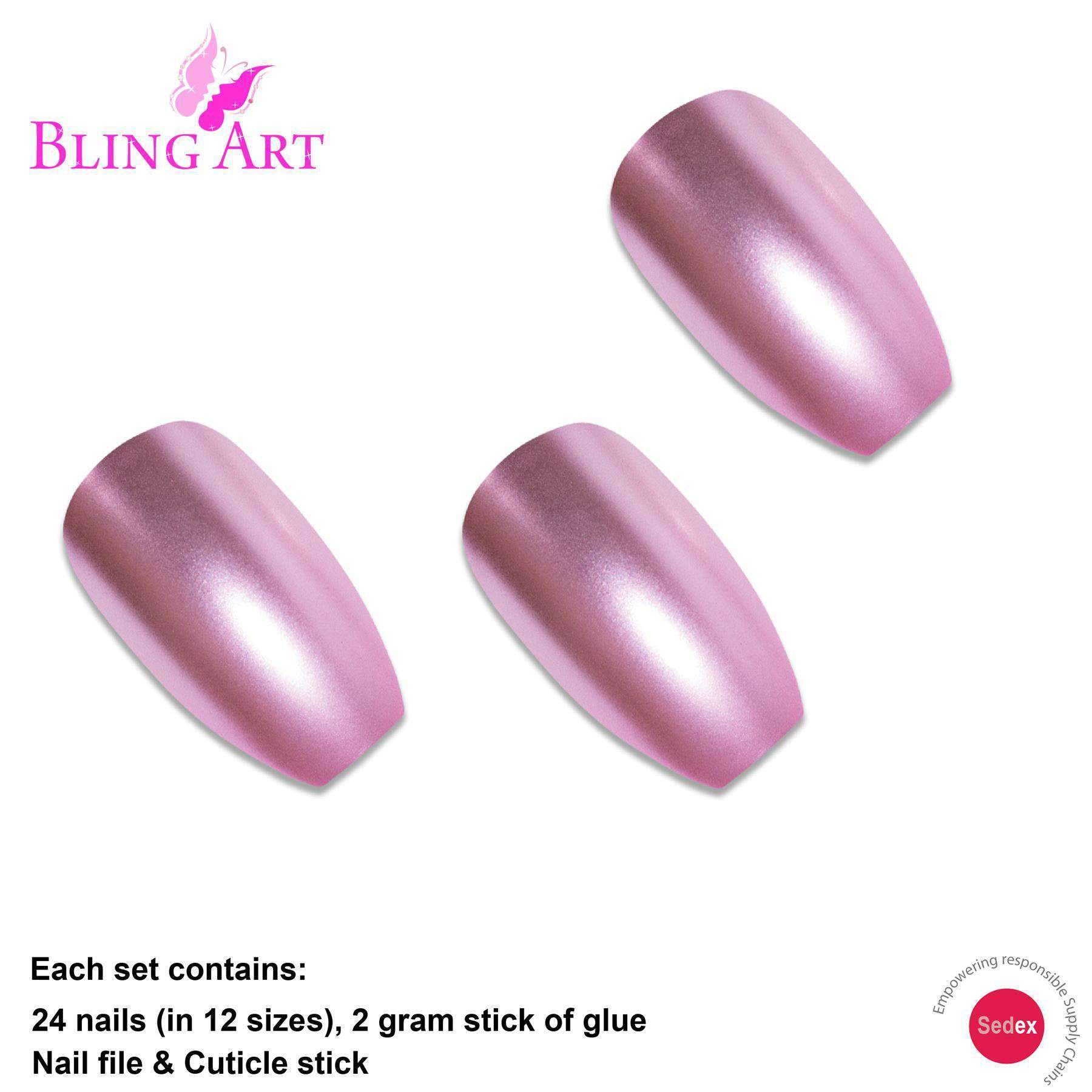 Bling Art Pink Matte Metallic Ballerina Coffin Fake Nails set with glue, nail file, and cuticle stick.