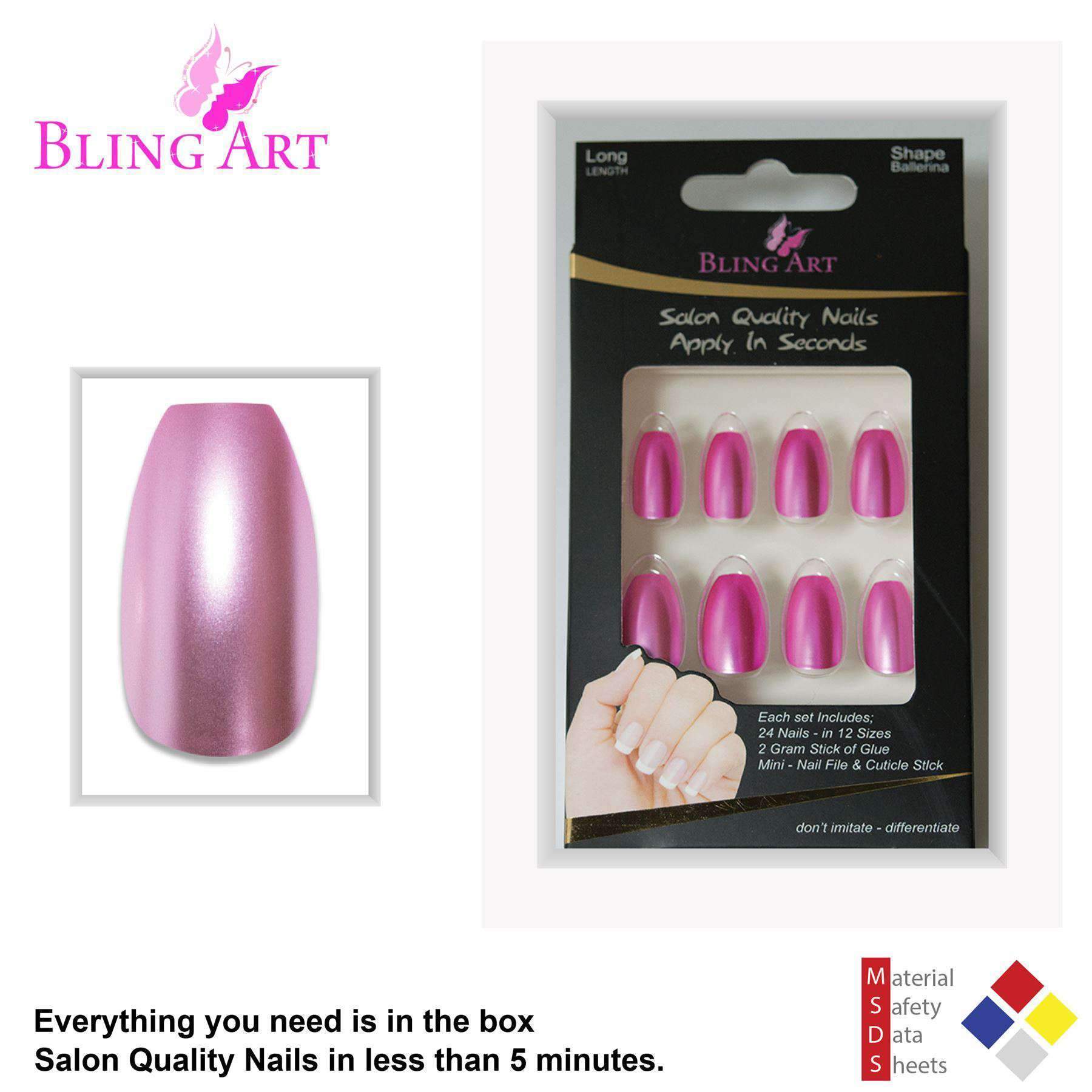 Bling Art Pink Matte Metallic Ballerina Coffin Fake Nails set with glue, nail file, and cuticle stick.