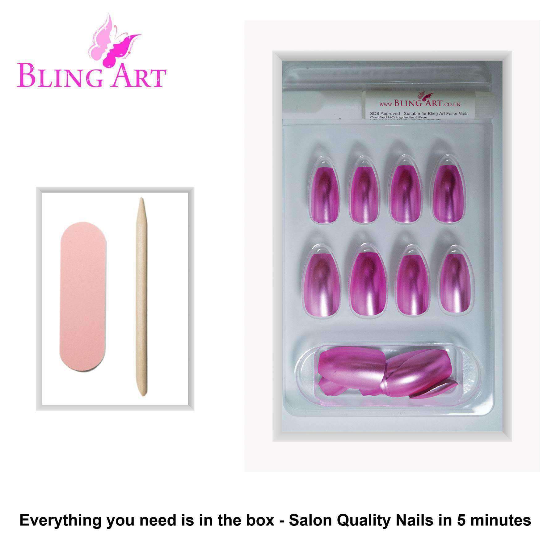 Bling Art Pink Matte Metallic Ballerina Coffin Fake Nails set with glue, nail file, and cuticle stick.