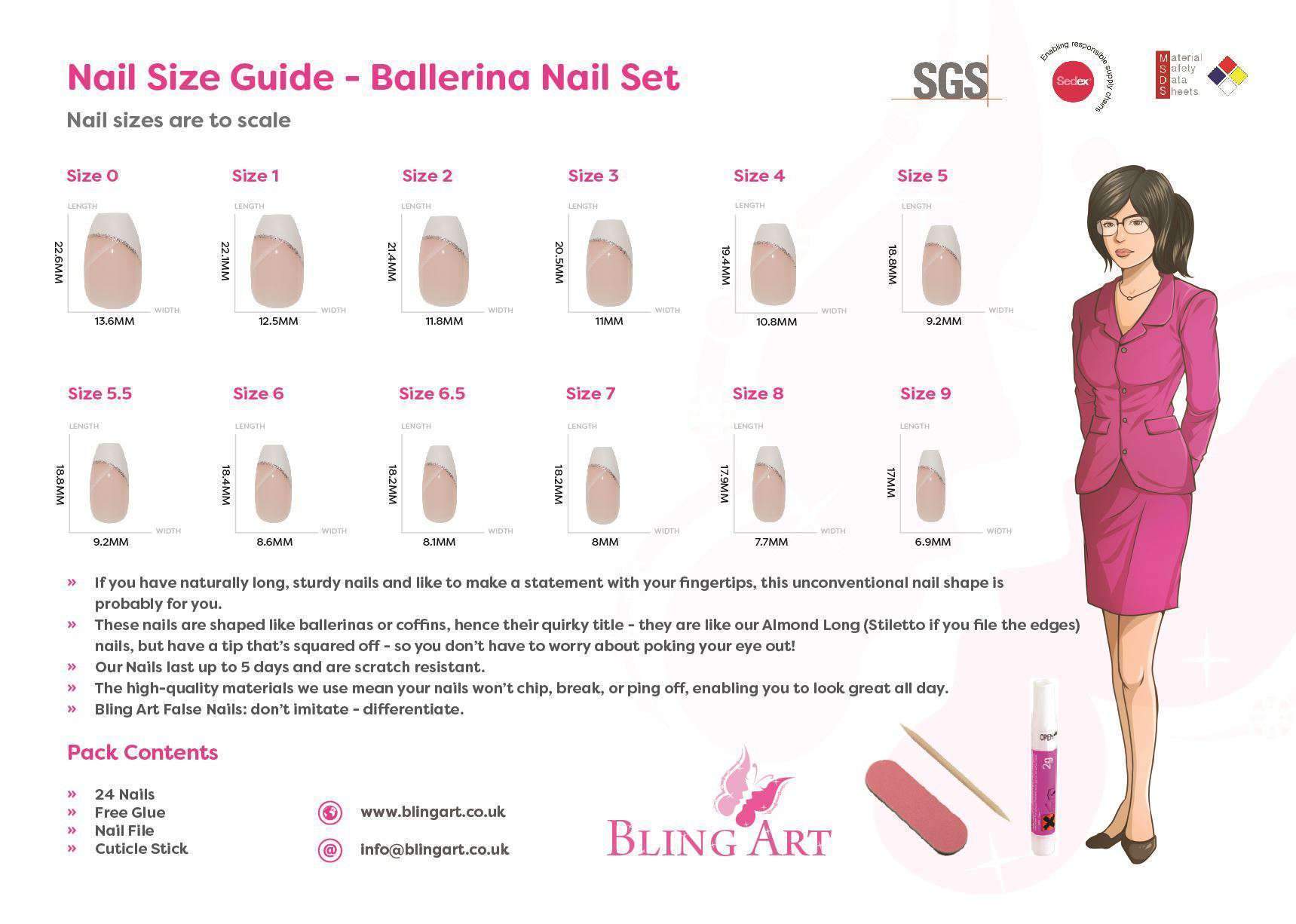 Bling Art Pink Matte Metallic Ballerina Coffin Fake Nails set with glue, nail file, and cuticle stick.