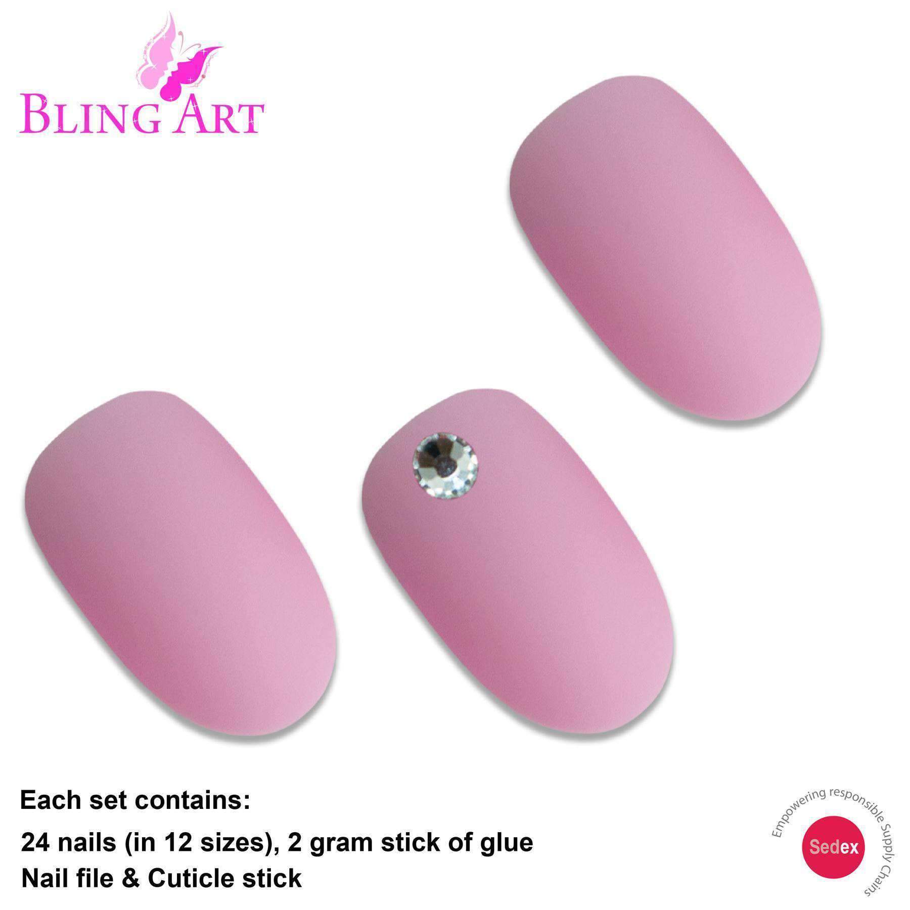 Bling Art Pink Matte Oval Medium Fake Acrylic Nails set with 24 tips, glue, nail file, and cuticle stick.