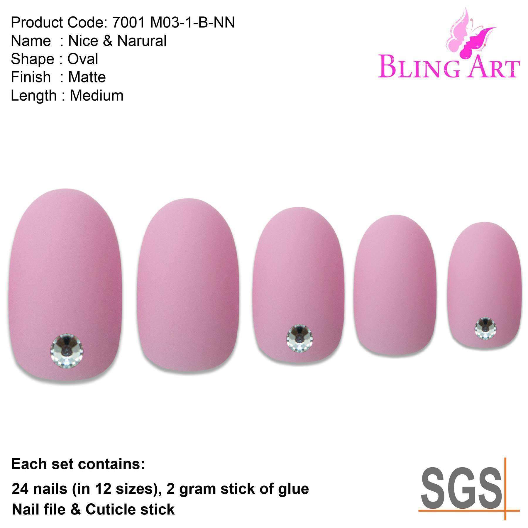 Bling Art Pink Matte Oval Medium Fake Acrylic Nails set with 24 tips, glue, nail file, and cuticle stick.