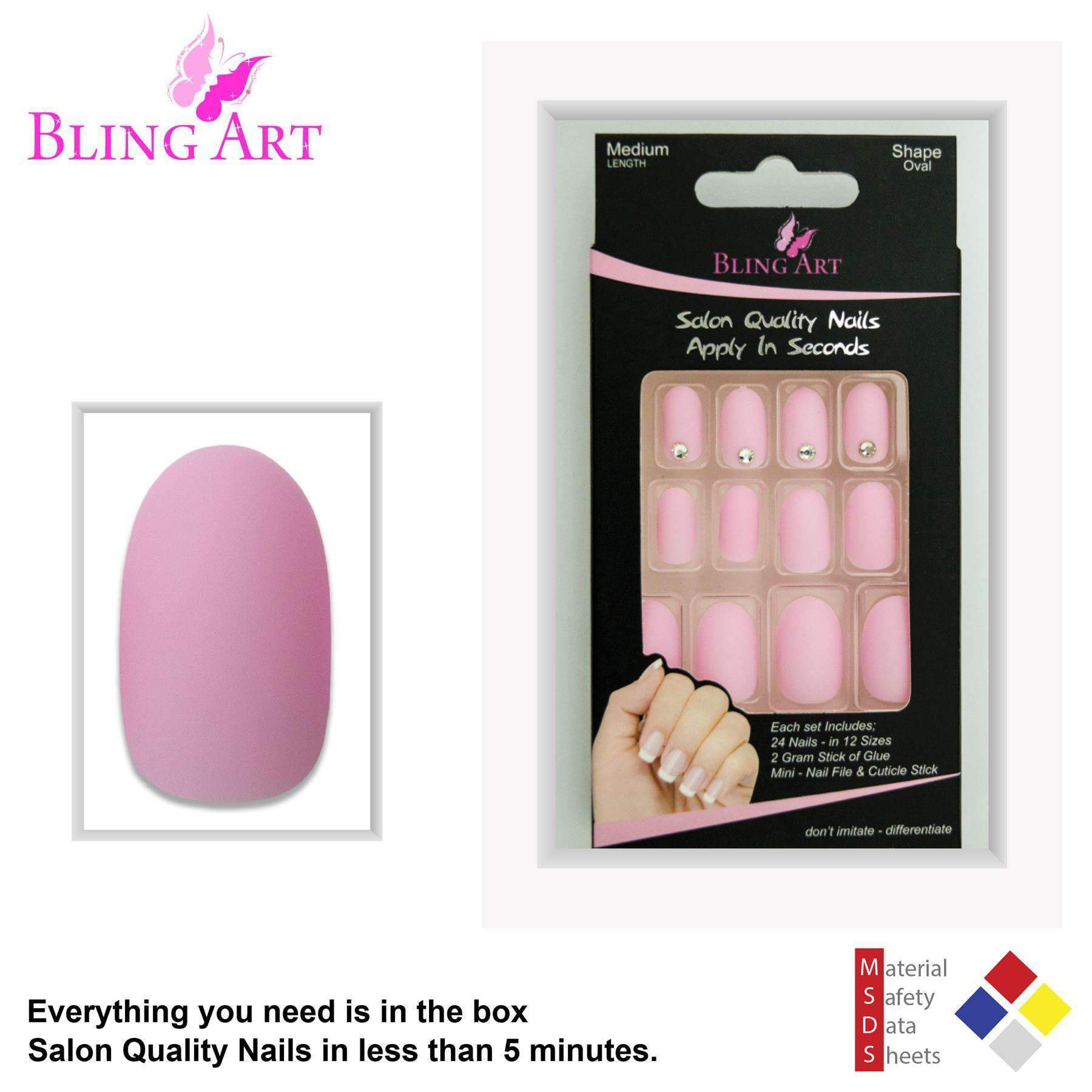 Bling Art Pink Matte Oval Medium Fake Acrylic Nails set with 24 tips, glue, nail file, and cuticle stick.