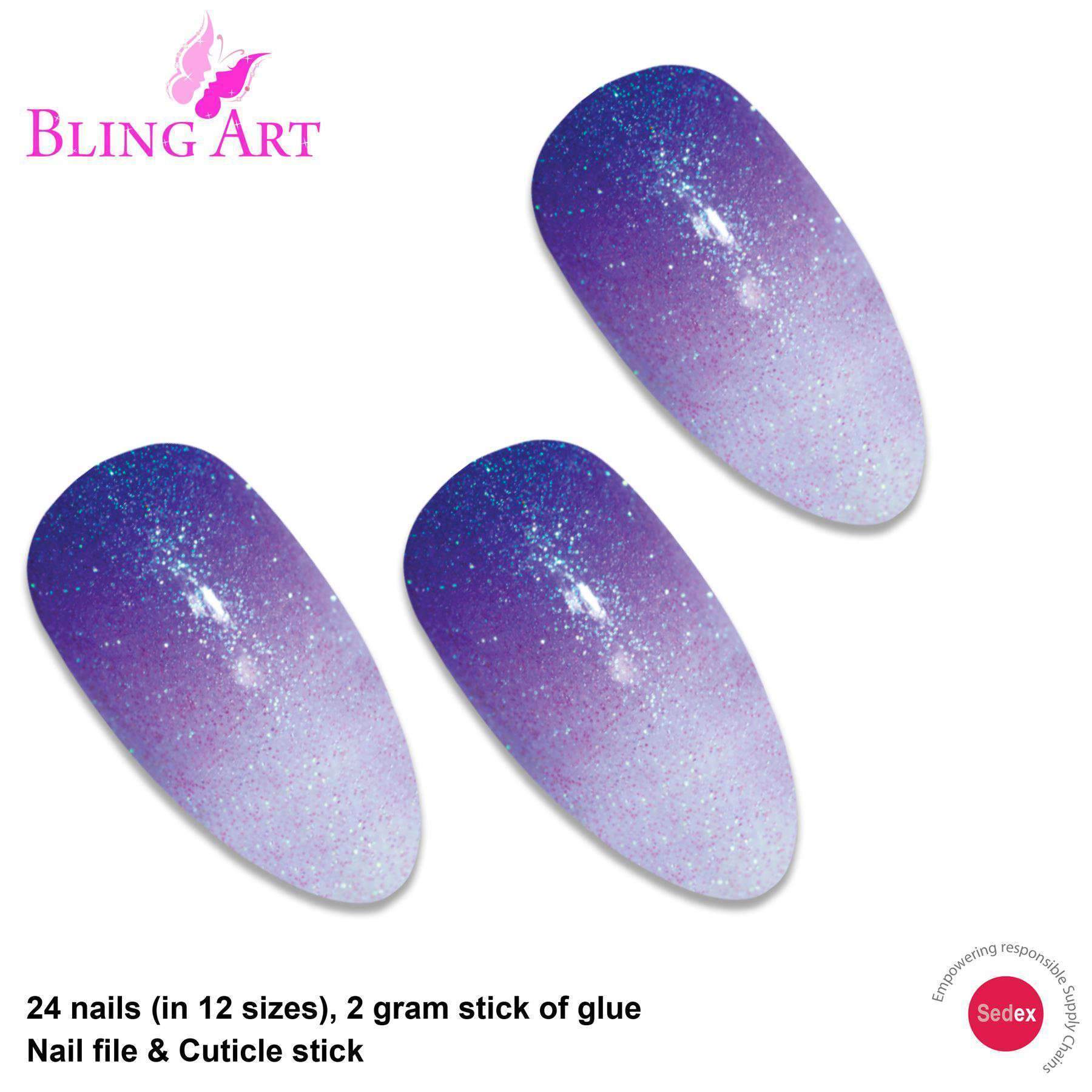 Bling Art Purple Gel Ombre Almond Stiletto false nails set with 24 acrylic tips, glue, nail file, and cuticle stick.