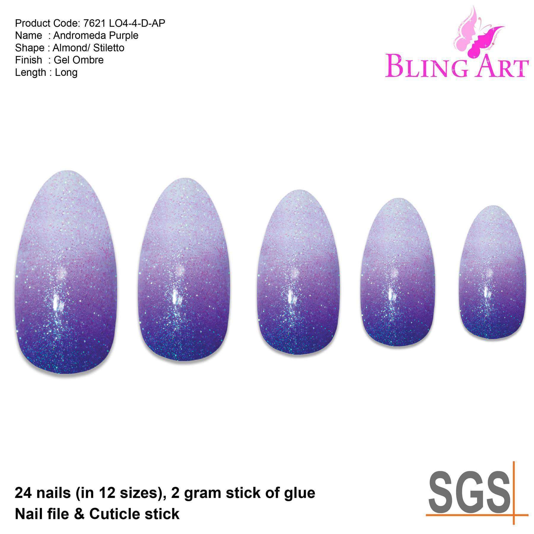 Bling Art Purple Gel Ombre Almond Stiletto false nails set with 24 acrylic tips, glue, nail file, and cuticle stick.