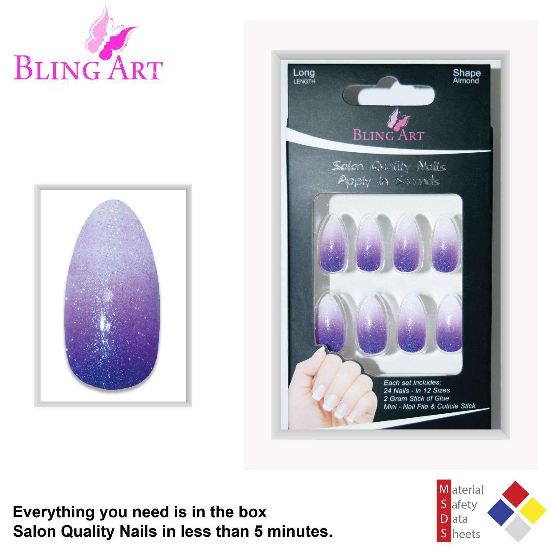 Bling Art Purple Gel Ombre Almond Stiletto false nails set with 24 acrylic tips, glue, nail file, and cuticle stick.