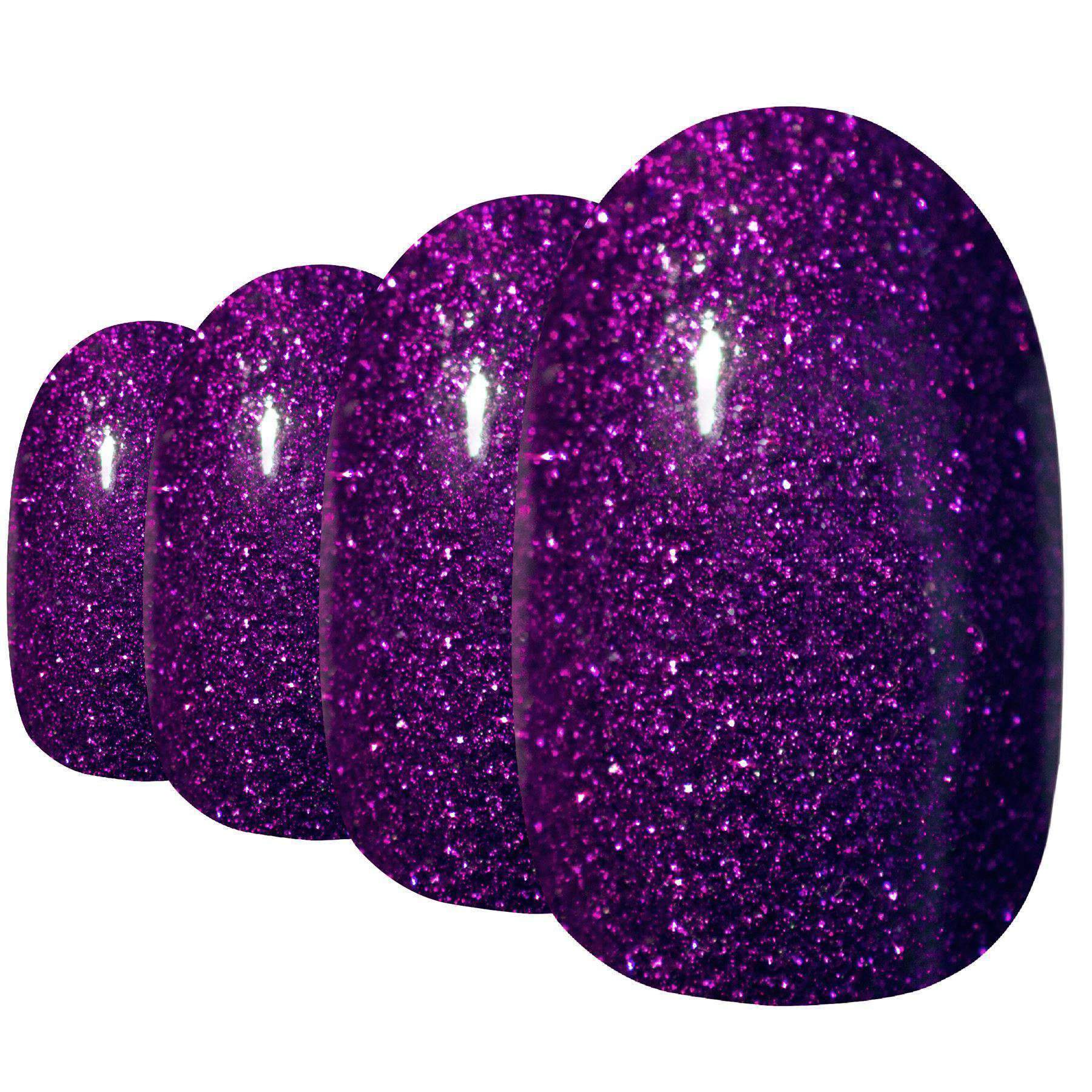 Bling Art Andromeda Purple Gel Oval Medium Fake Acrylic Nails set with glue, nail file, and cuticle stick.